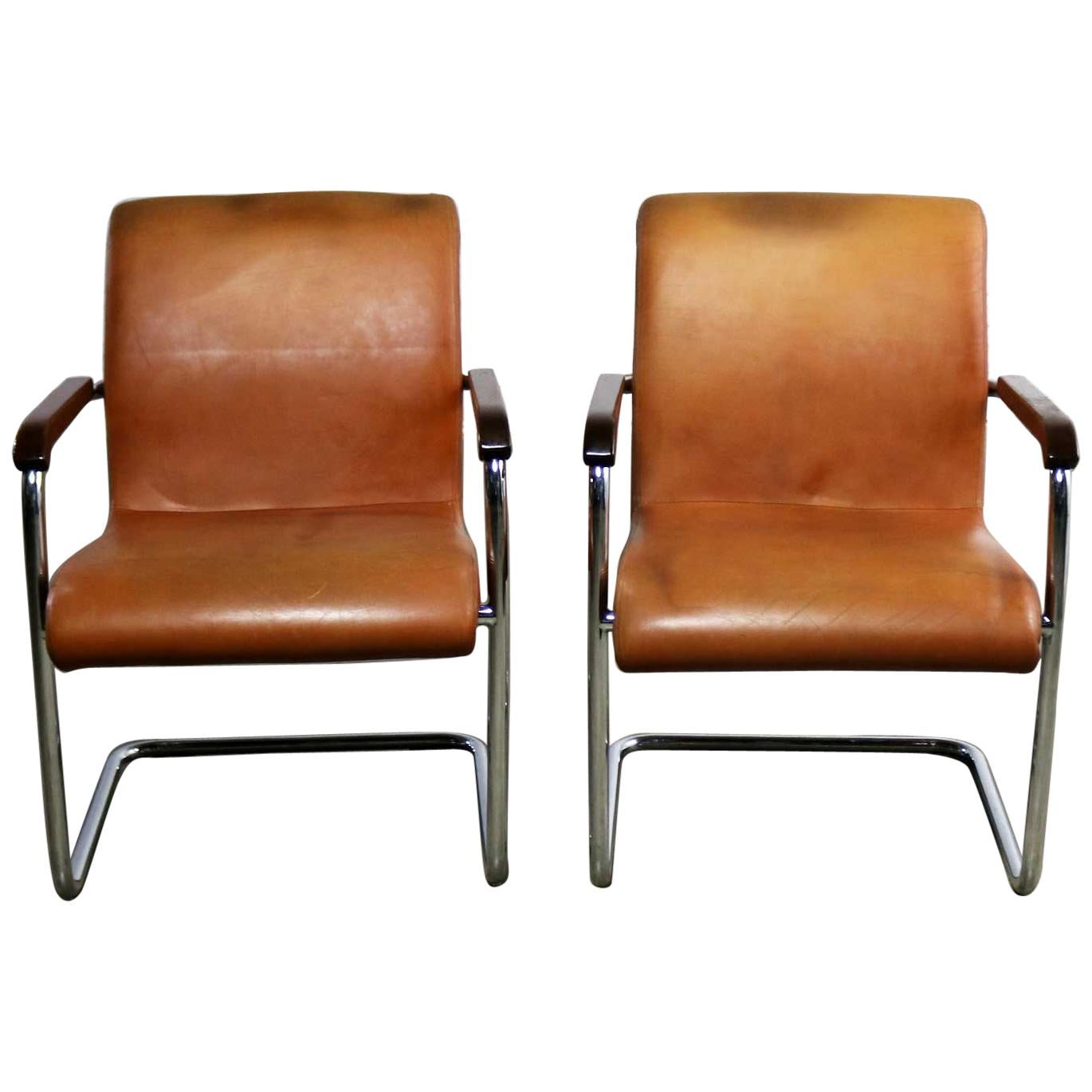 Cantilevered Chrome Cognac Leather Chairs Mid-Century Modern