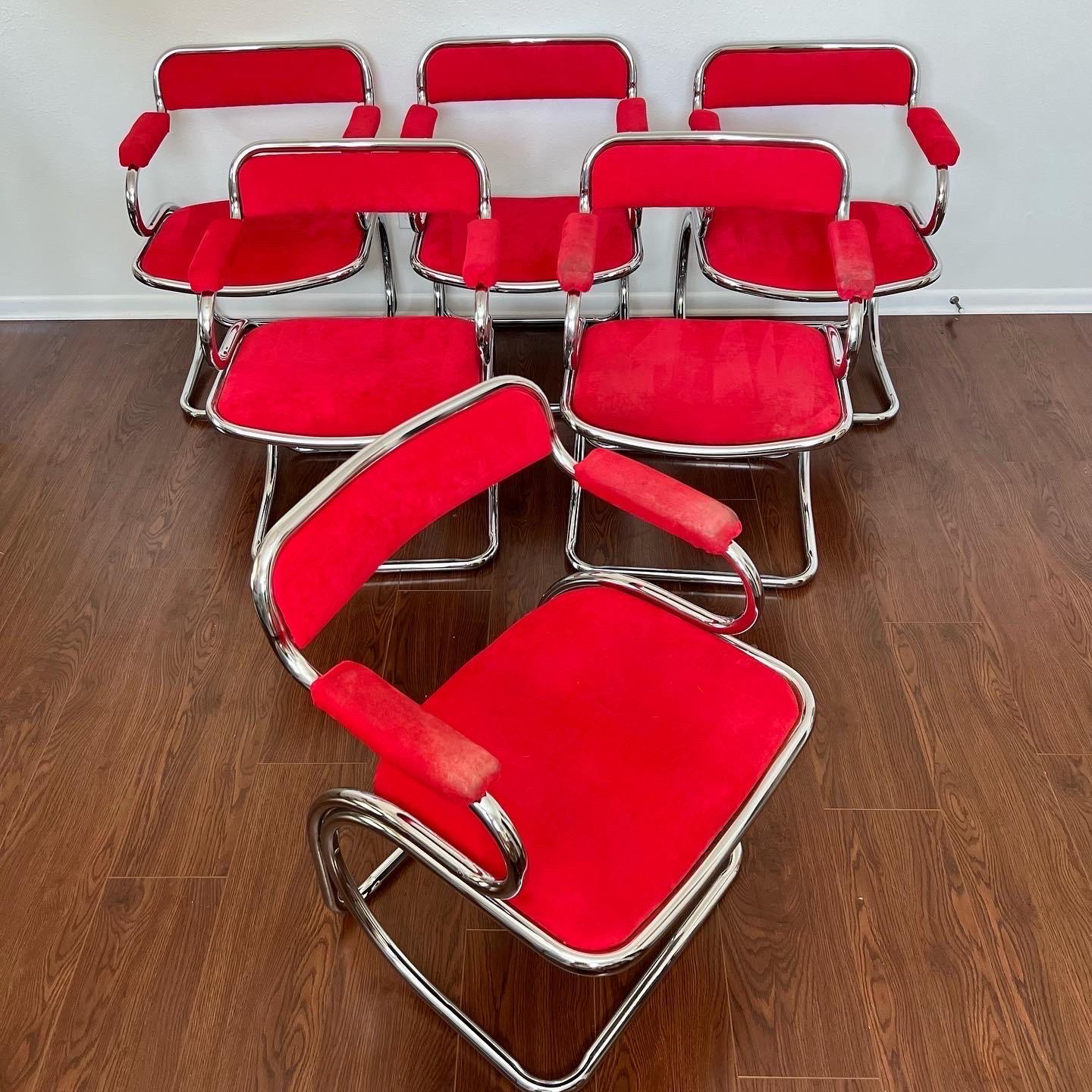 Mid-Century Modern Cantilevered Chrome Gastone Rinaldi Style Red Chairs