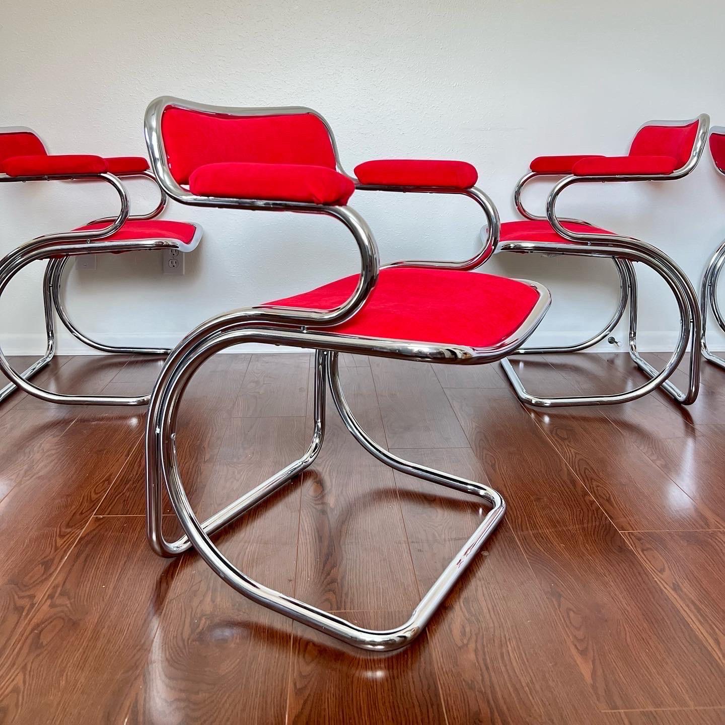 Cantilevered Chrome Gastone Rinaldi Style Red Chairs In Good Condition In Houston, TX