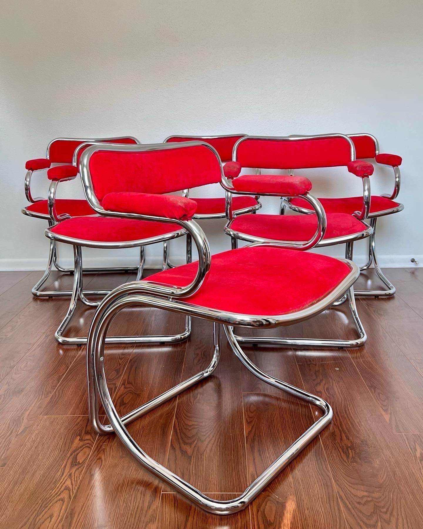 Cantilevered Chrome Gastone Rinaldi Style Red Chairs 3