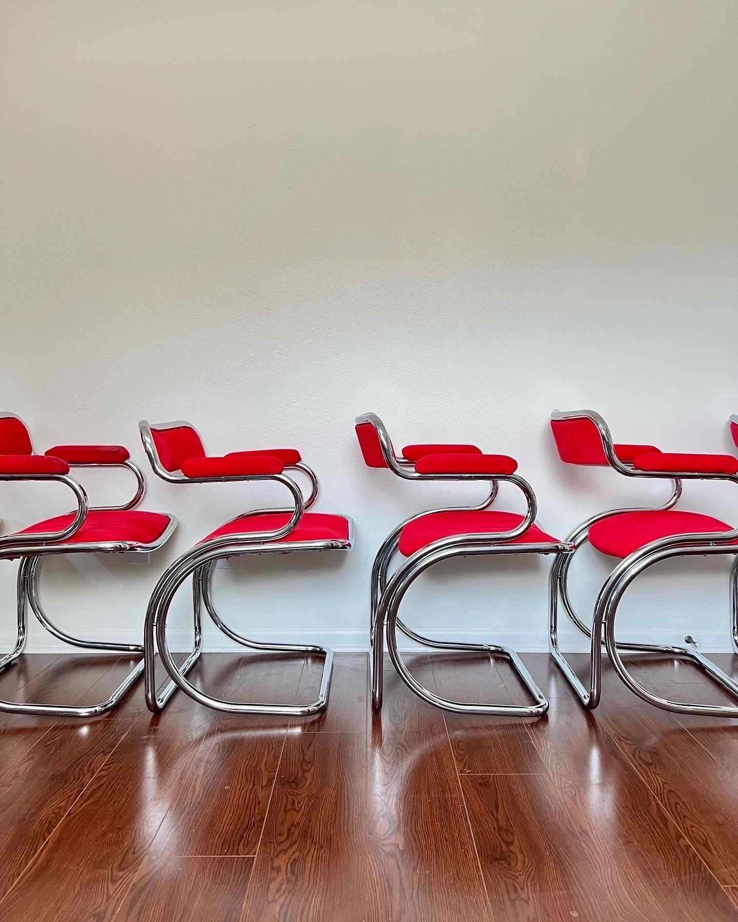 Cantilevered Chrome Gastone Rinaldi Style Red Chairs 4