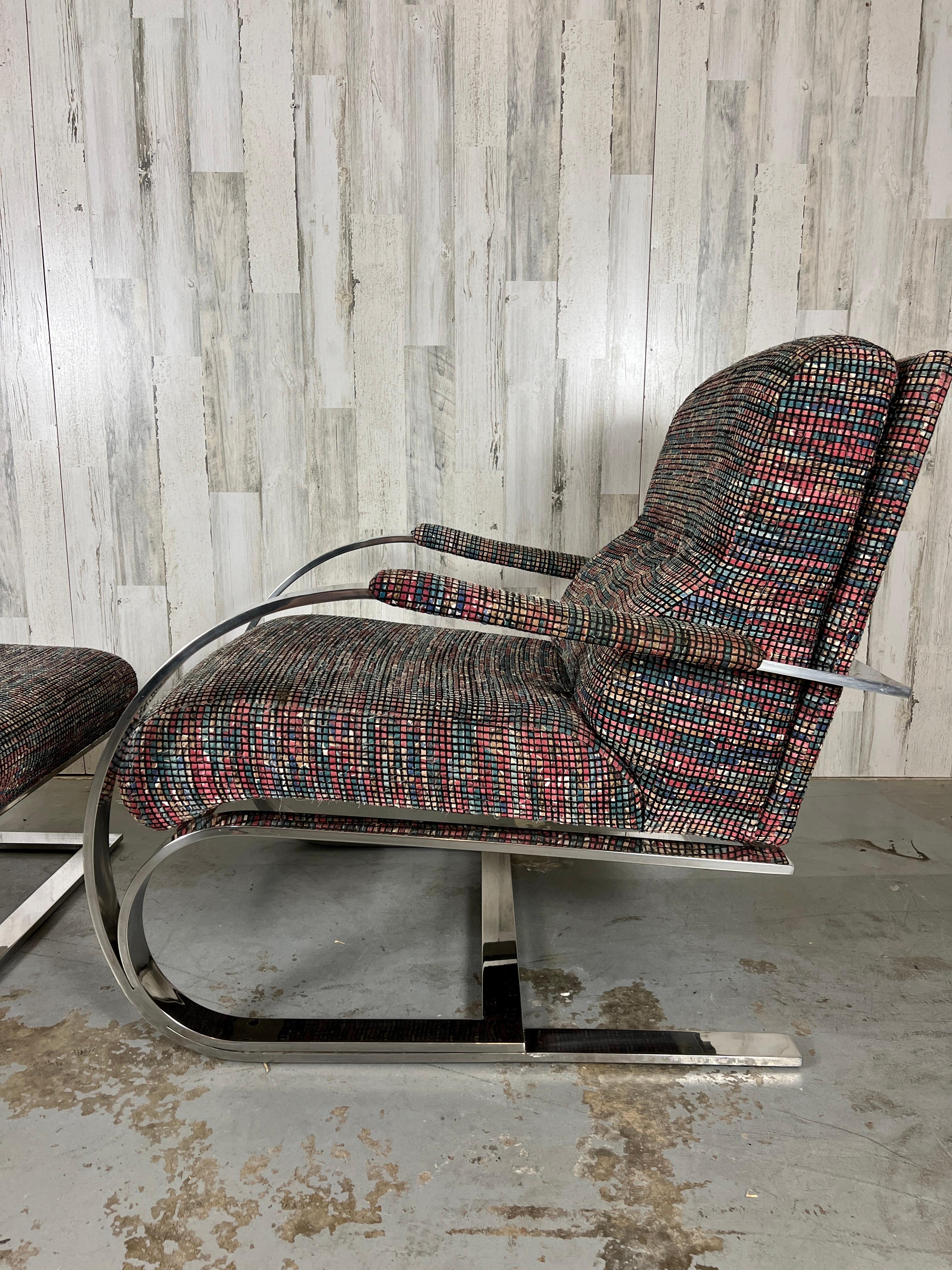 Mid-Century Modern Cantilevered Chrome Lounge Chair and Ottoman For Sale