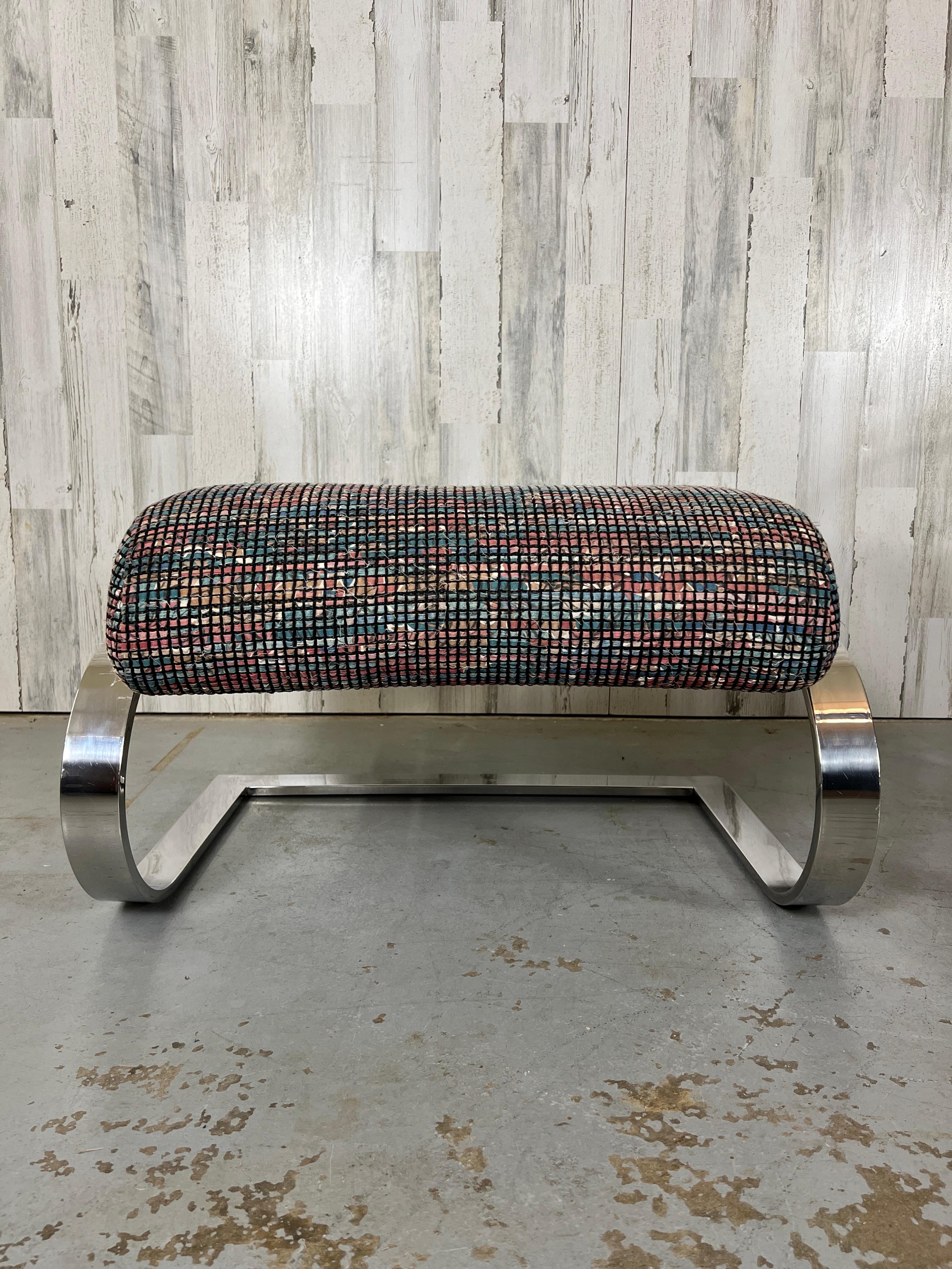 Upholstery Cantilevered Chrome Lounge Chair and Ottoman For Sale