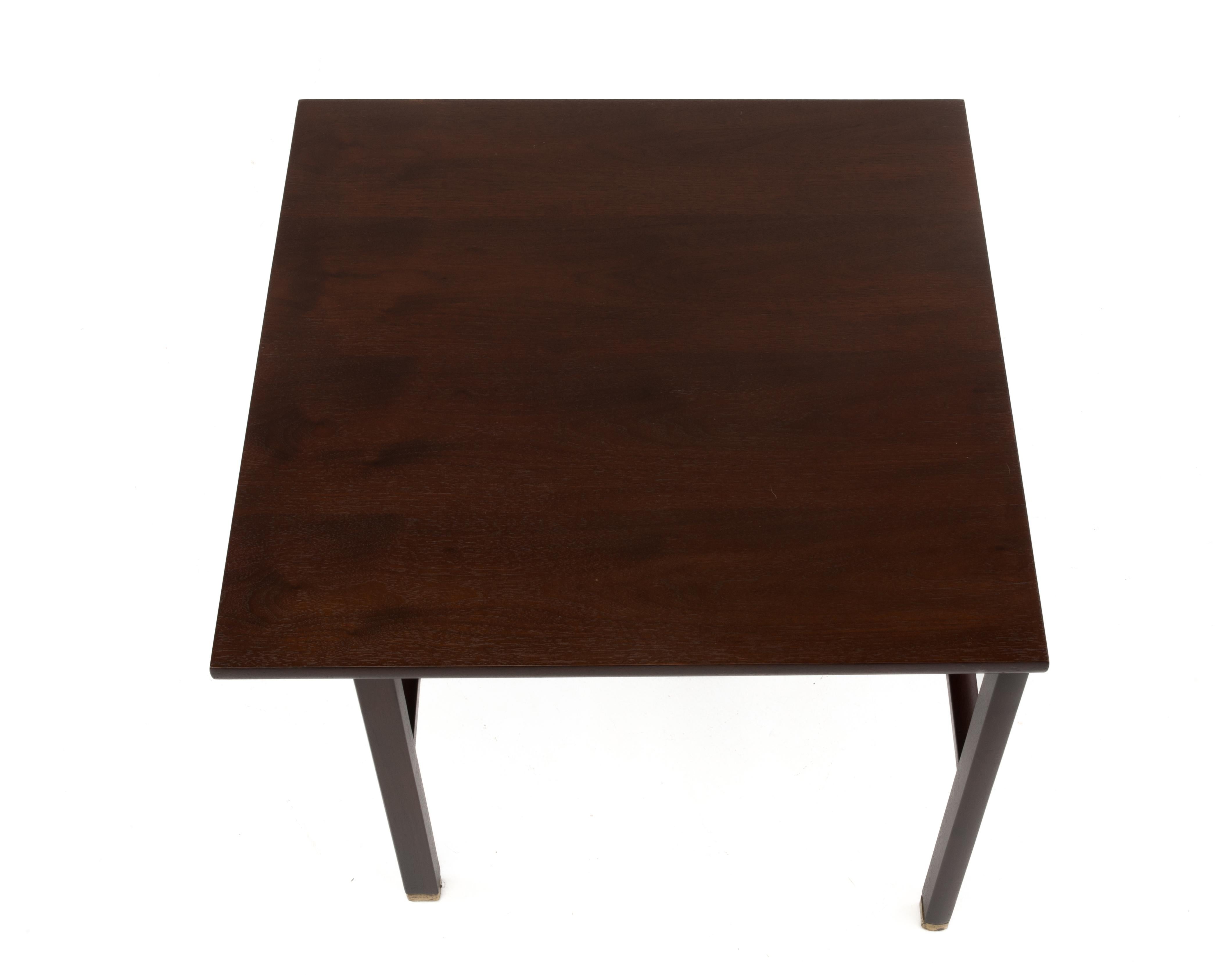 Mid-20th Century Cantilevered Edward Wormley Dunbar Square Side End Table 1960s Walnut Brass Tag