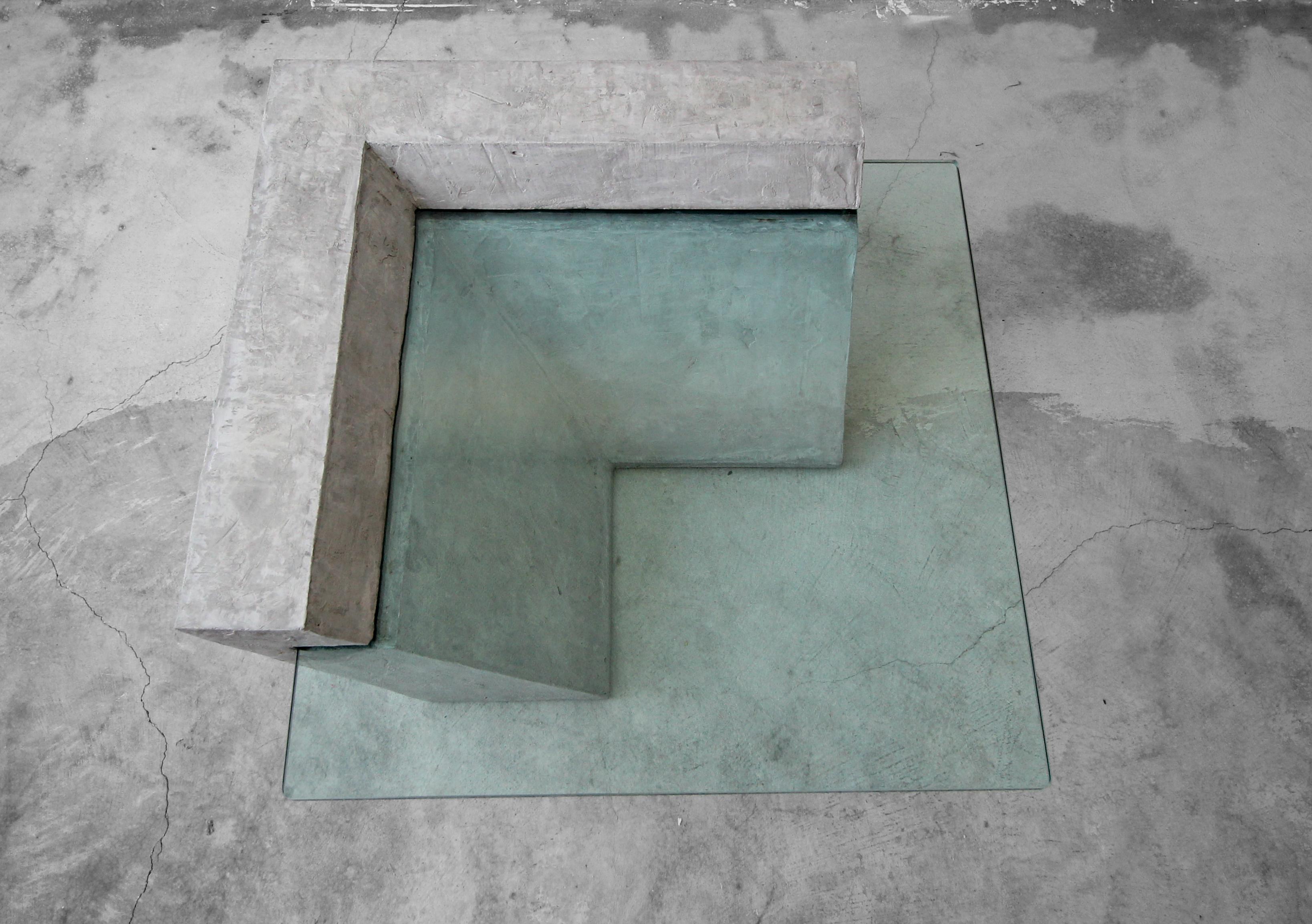 Cantilevered Faux Concrete Plaster and Glass Coffee Table In Excellent Condition In Las Vegas, NV