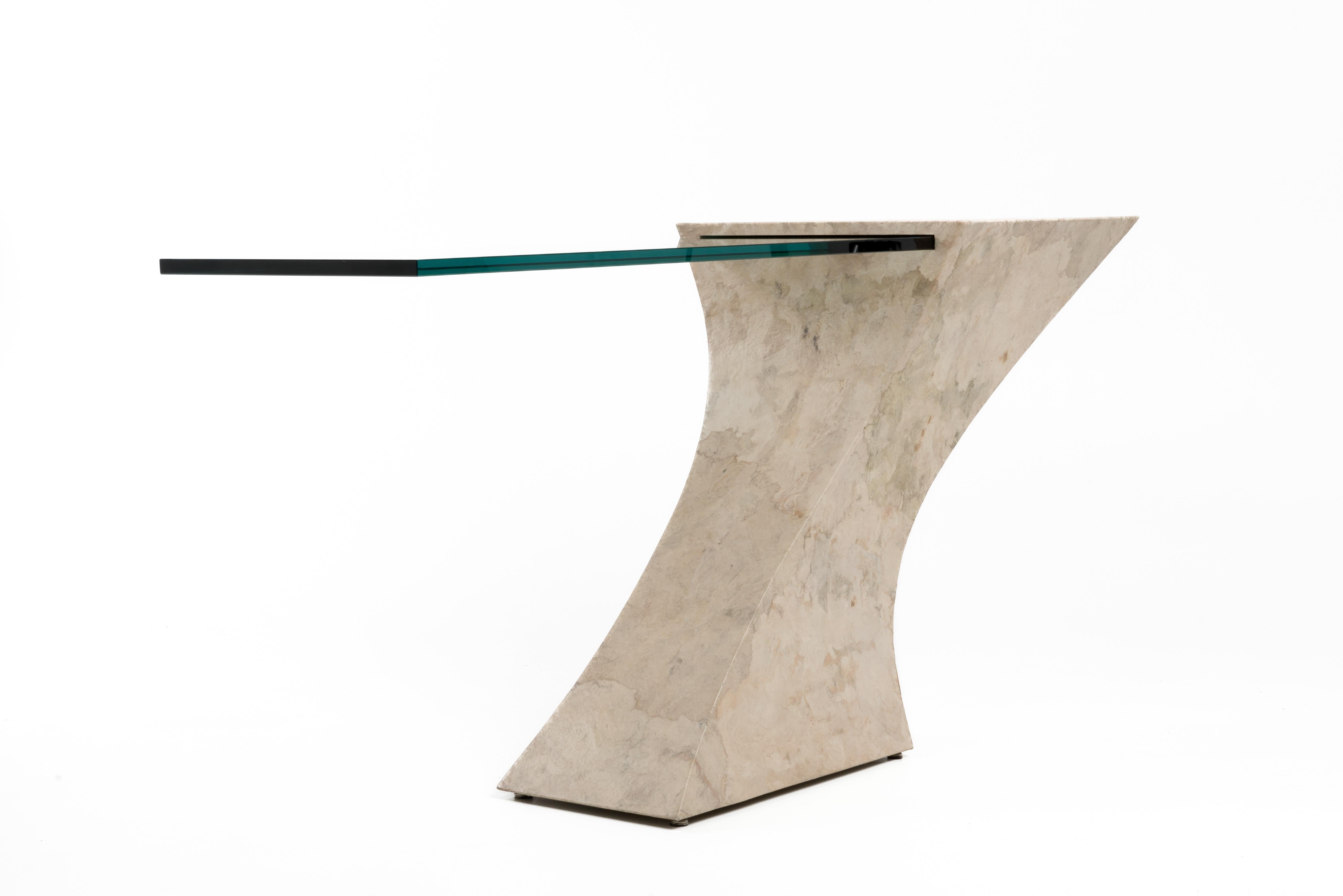 Cantilevered Faux Goatskin Glass Hall Sofa Console Table Karl Springer Brueton For Sale 4