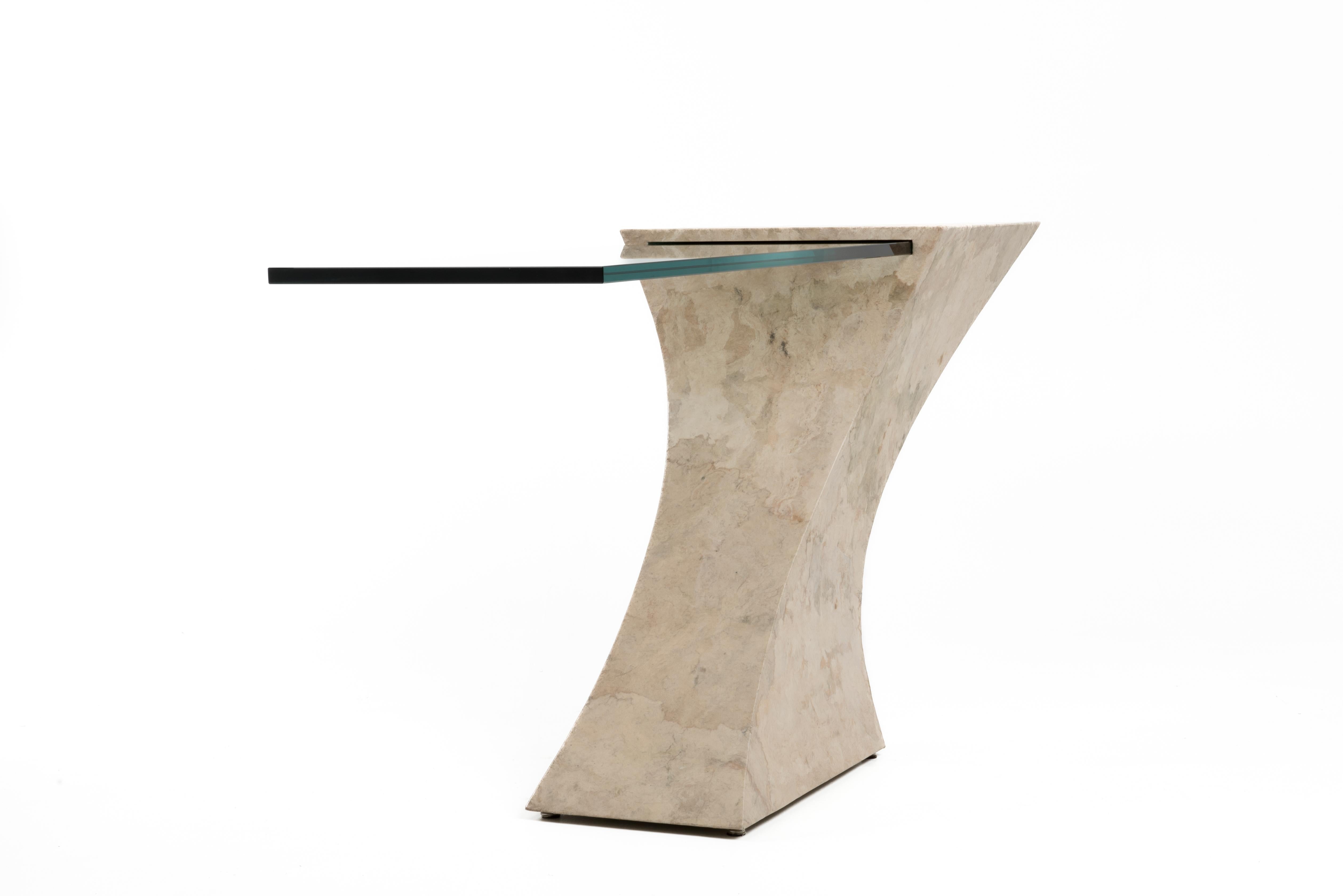 Cantilevered Faux Goatskin Glass Hall Sofa Console Table Karl Springer Brueton For Sale 5