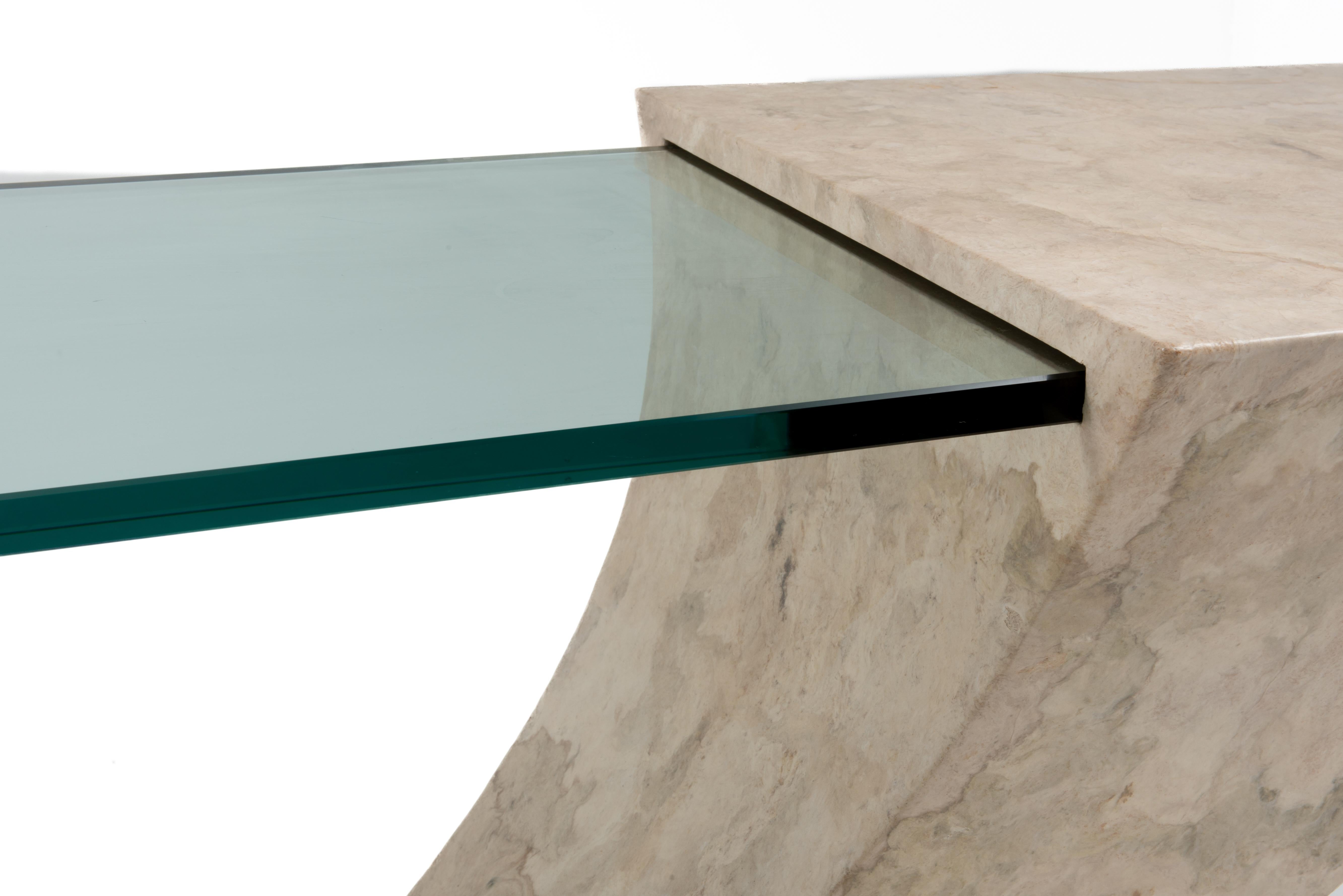 Cantilevered Faux Goatskin Glass Hall Sofa Console Table Karl Springer Brueton For Sale 8