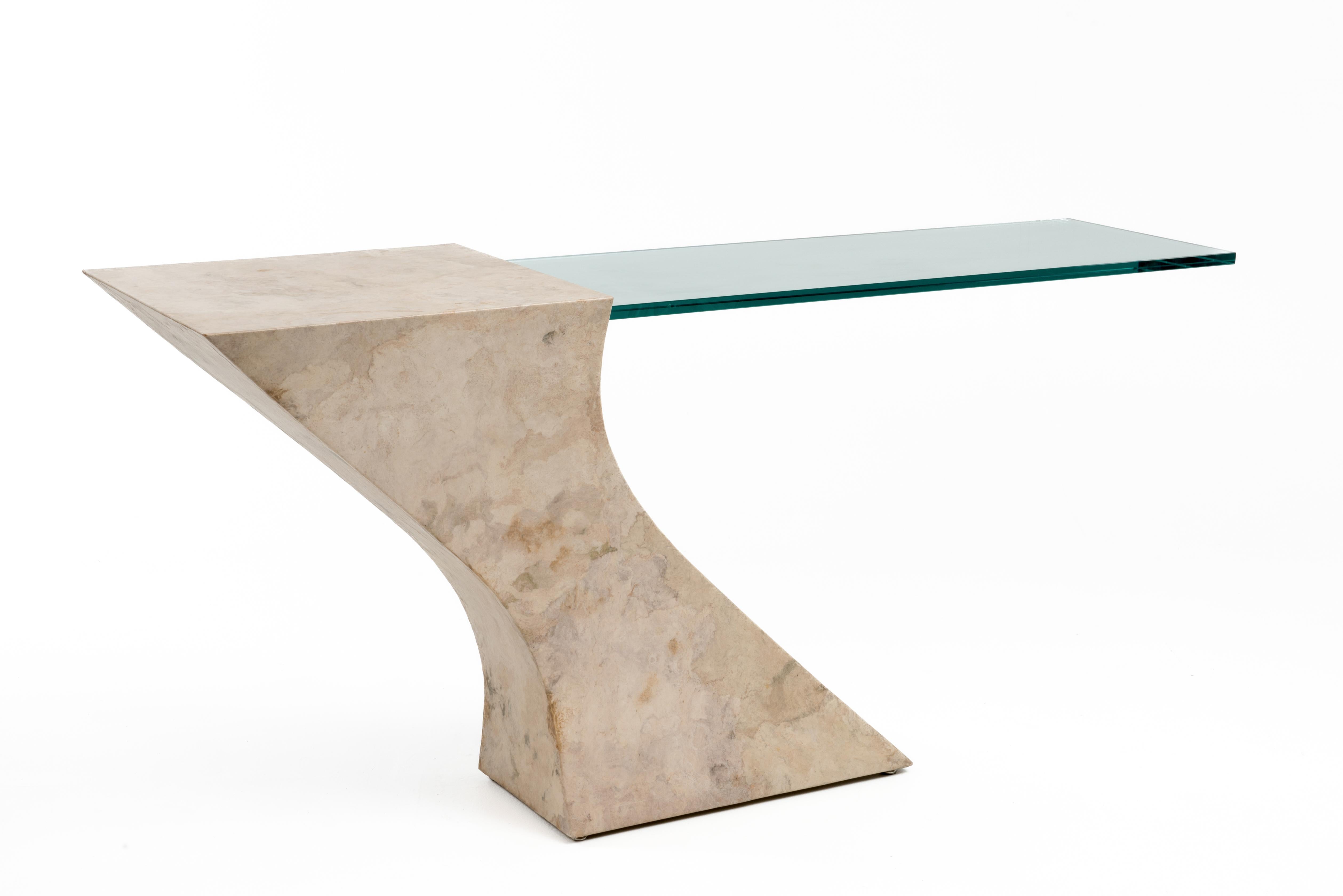 Post-Modern Cantilevered Faux Goatskin Glass Hall Sofa Console Table Karl Springer Brueton For Sale