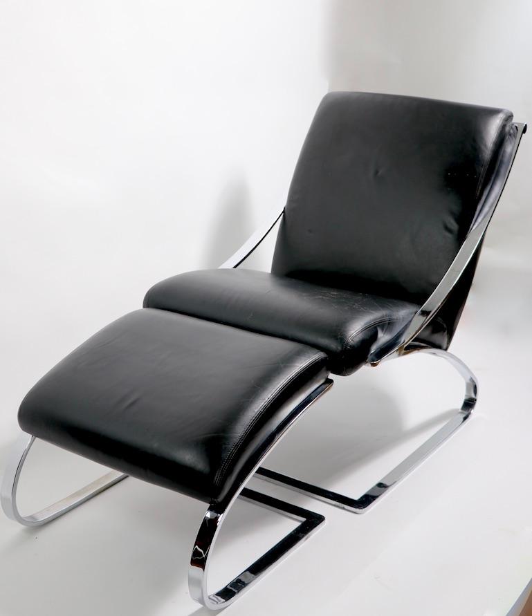 Cantilevered Leather and Chrome Lounge Chair and Ottoman by Paul Tuttle 4