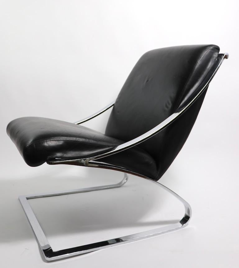 Cantilevered Leather and Chrome Lounge Chair and Ottoman by Paul Tuttle 6