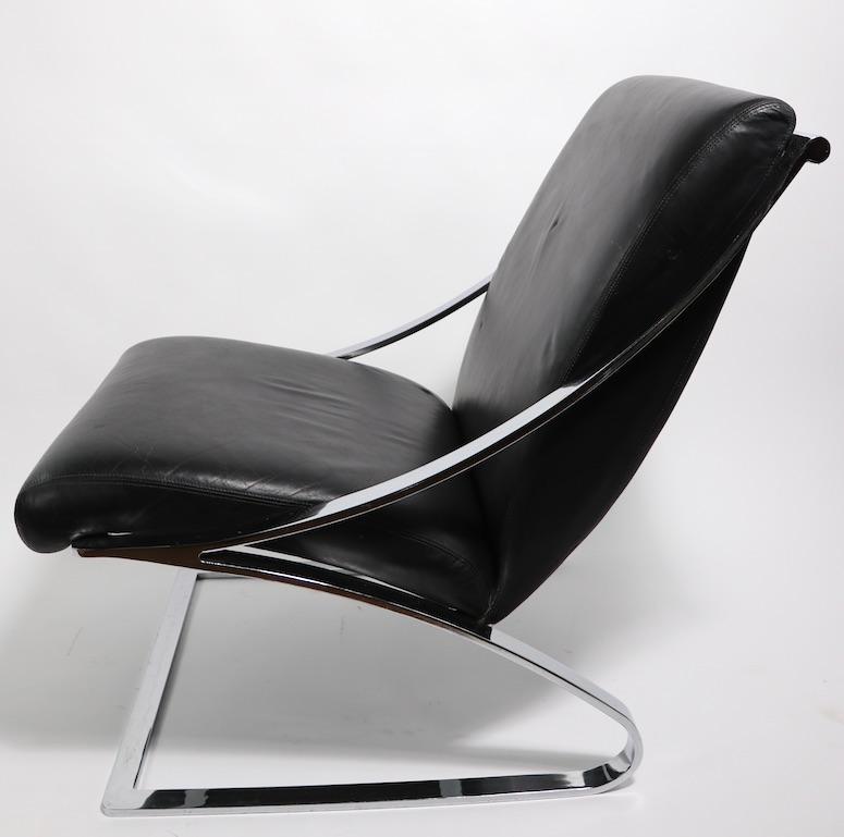 Italian Cantilevered Leather and Chrome Lounge Chair and Ottoman by Paul Tuttle