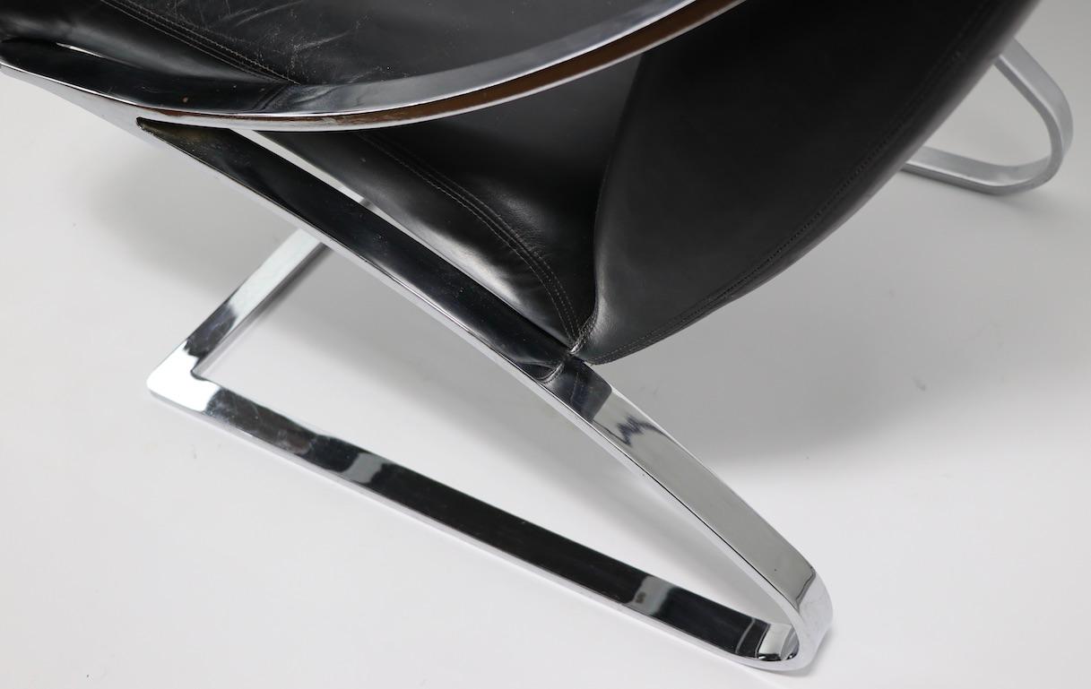 Cantilevered Leather and Chrome Lounge Chair and Ottoman by Paul Tuttle 1