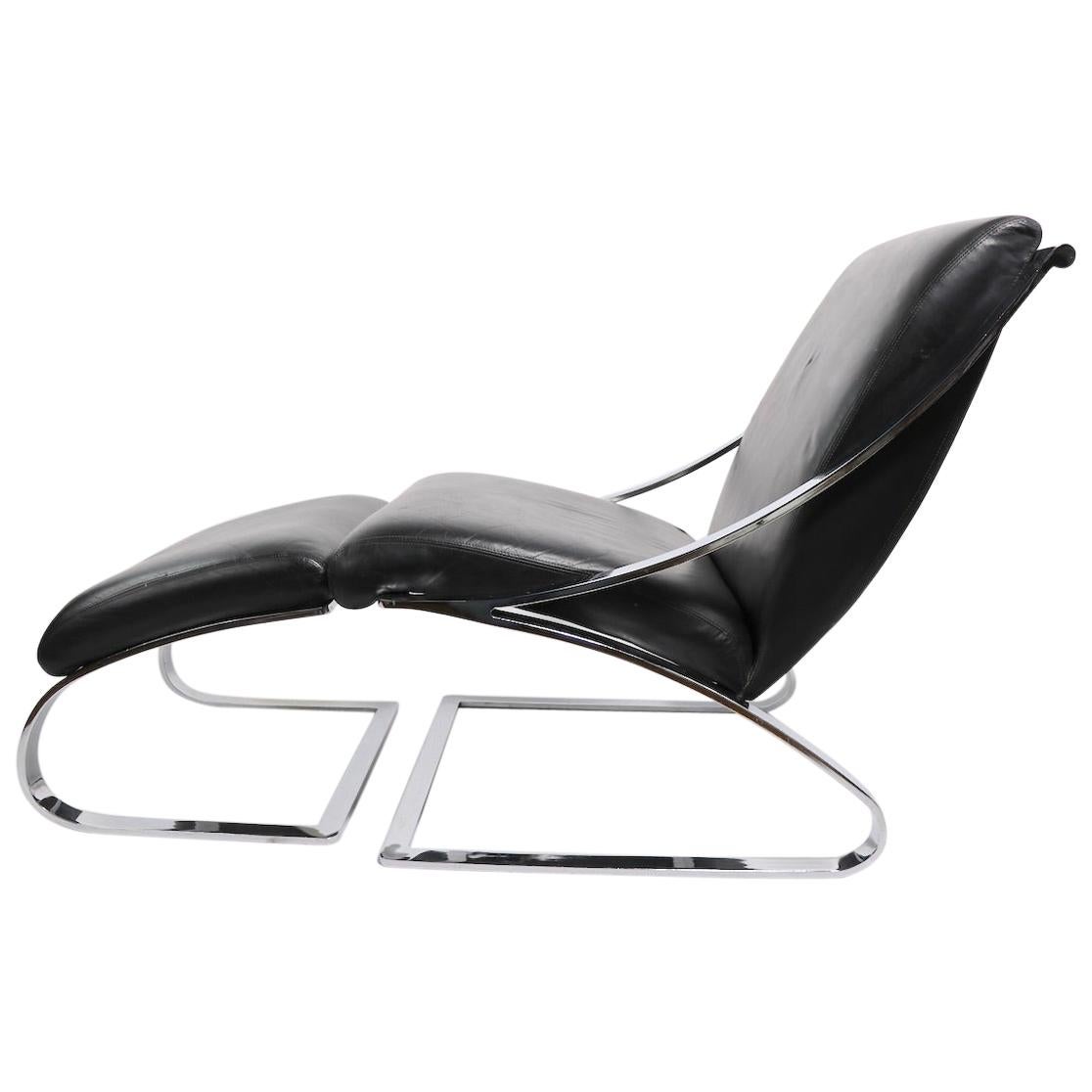 Cantilevered Leather and Chrome Lounge Chair and Ottoman by Paul Tuttle