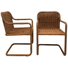 Cantilevered Midcentury Wicker Chairs a Pair