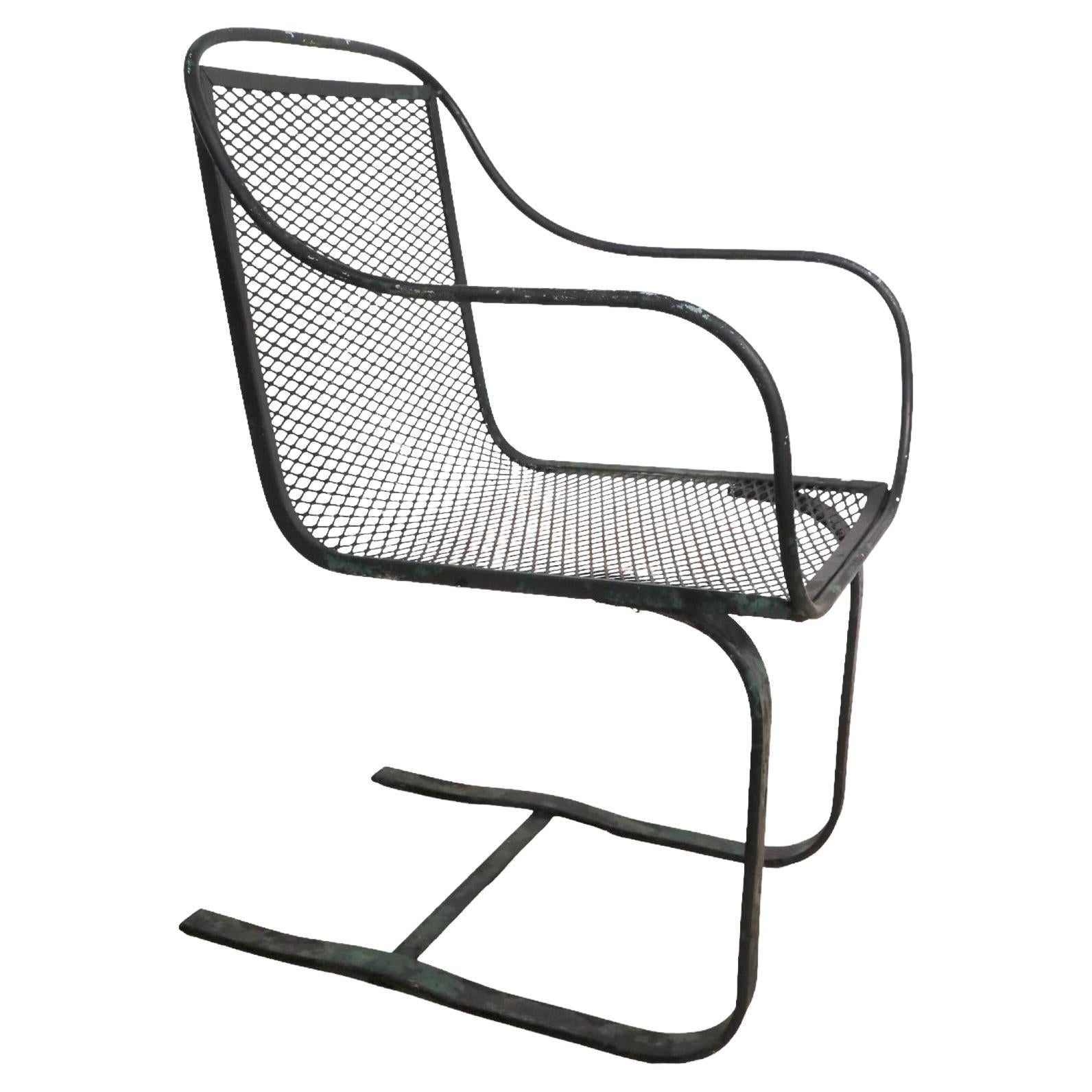 Cantilevered Mid Century Wrought Iron Lounge Chair Att. to Salterini For Sale