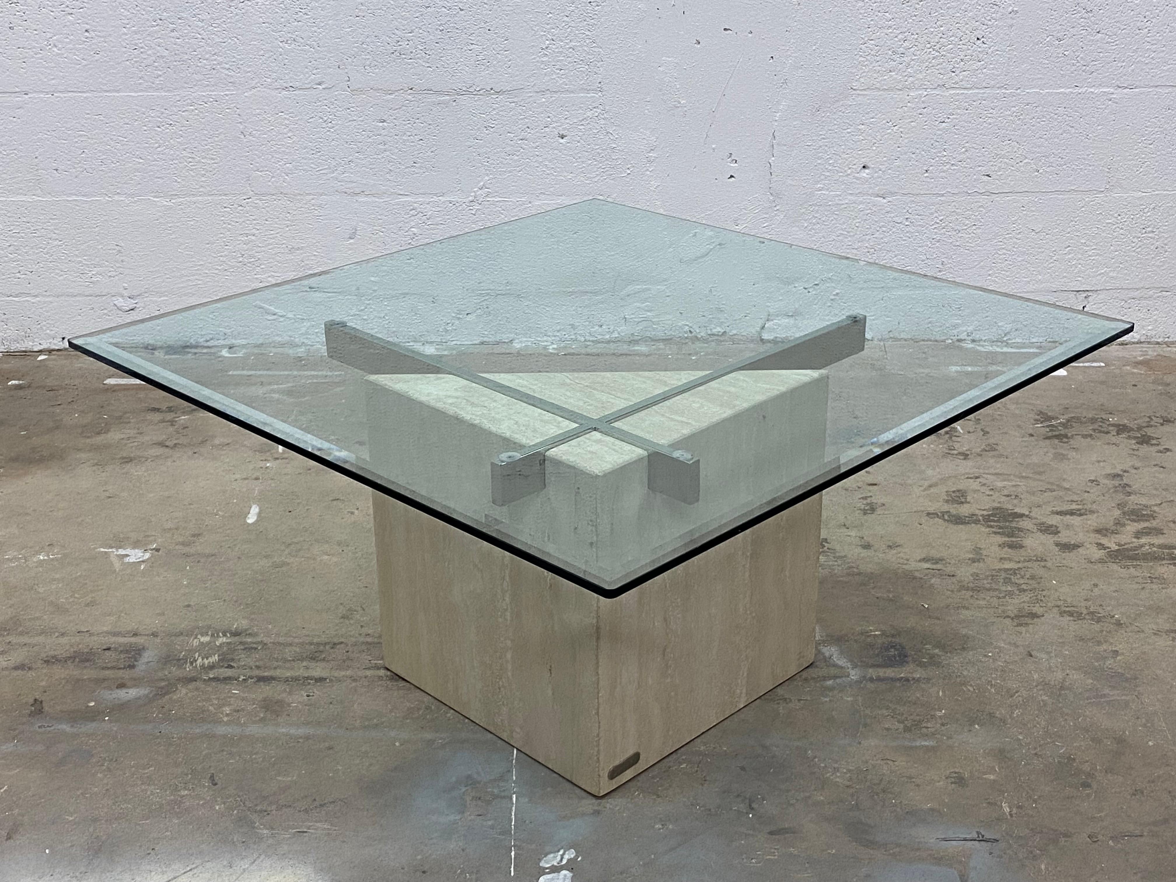 Mid-Century Modern Cantilevered Square Glass Top Travertine and Chrome Coffee Table by Artedi