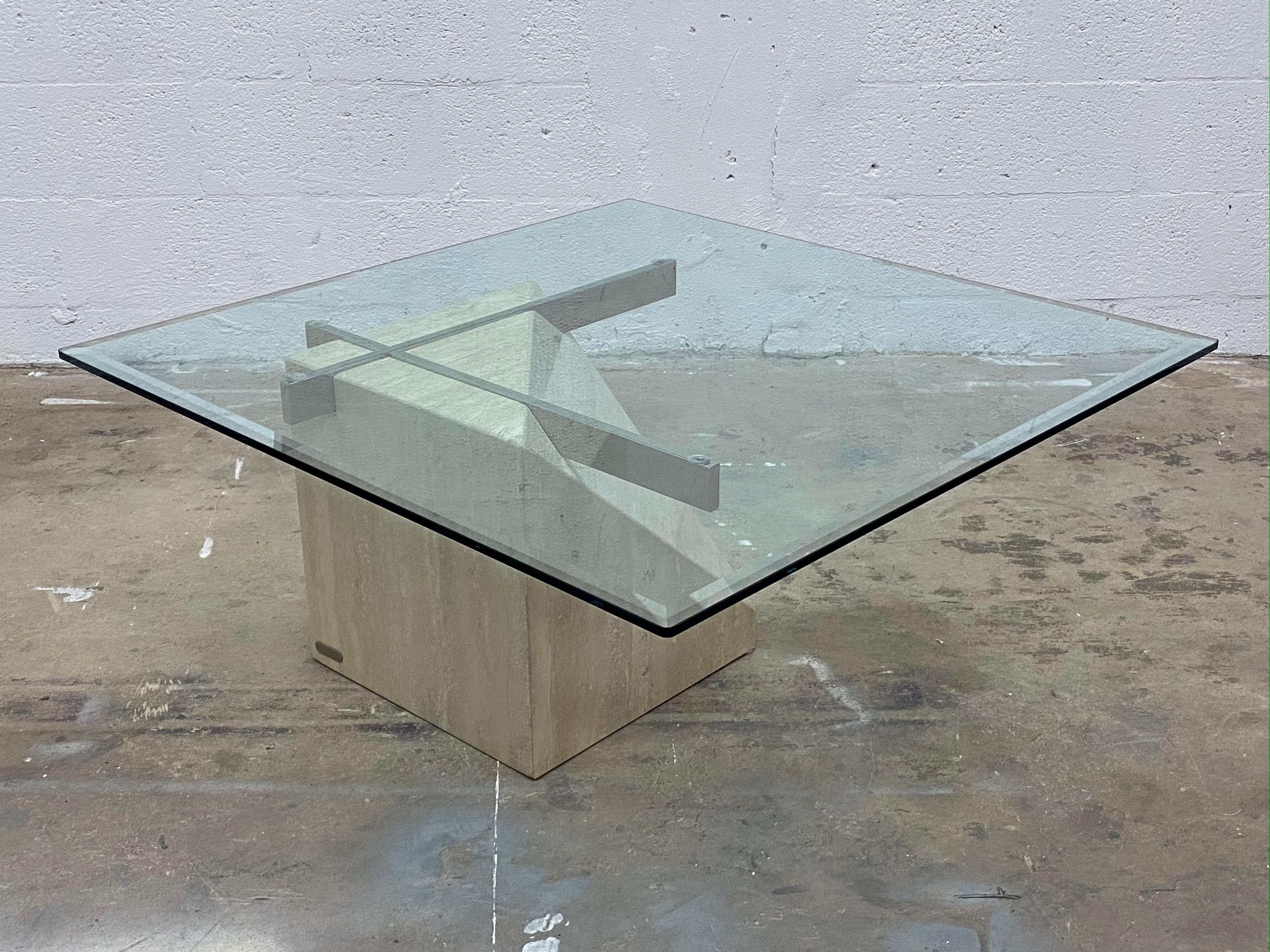 Italian Cantilevered Square Glass Top Travertine and Chrome Coffee Table by Artedi