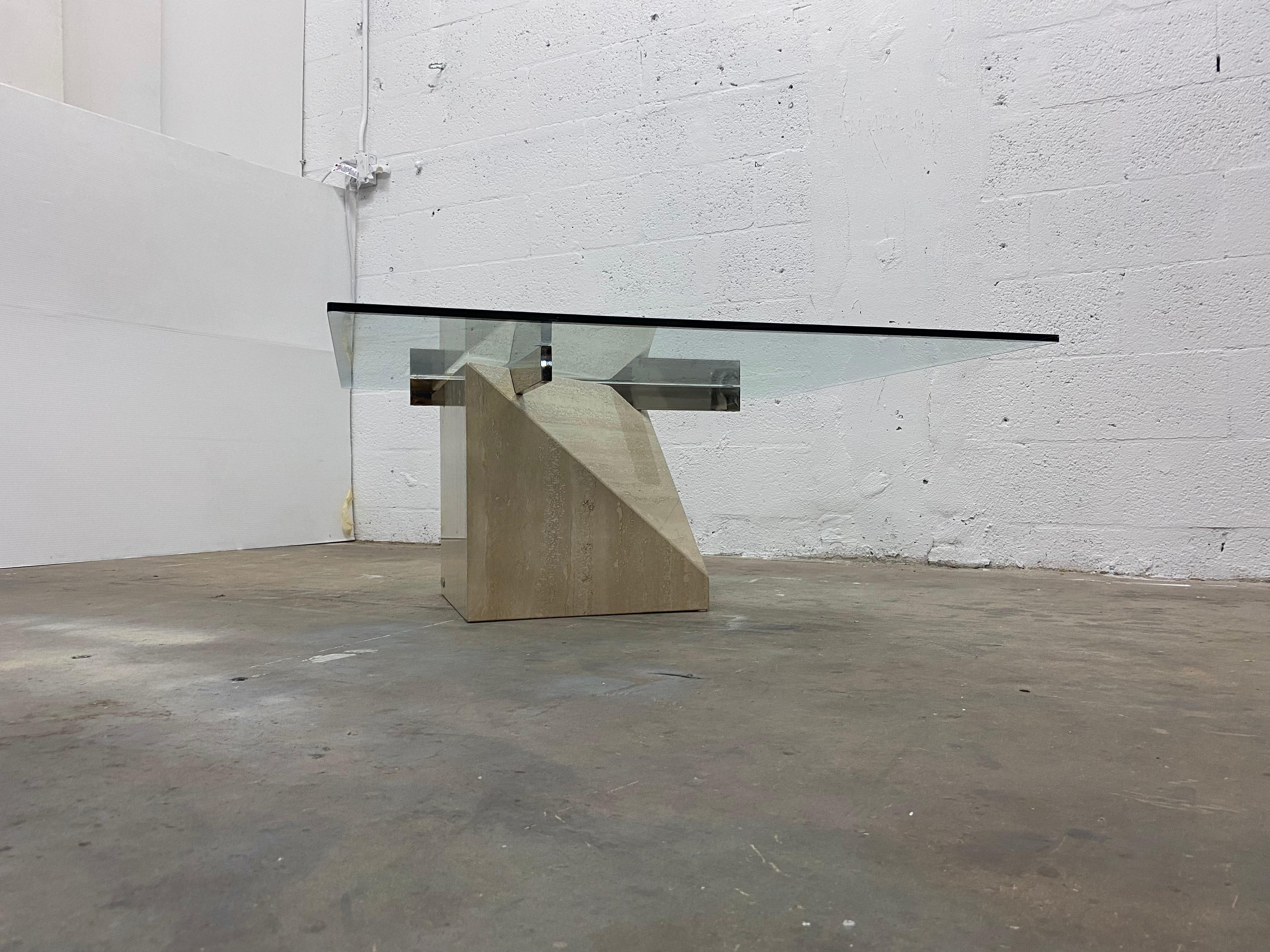 Late 20th Century Cantilevered Square Glass Top Travertine and Chrome Coffee Table by Artedi