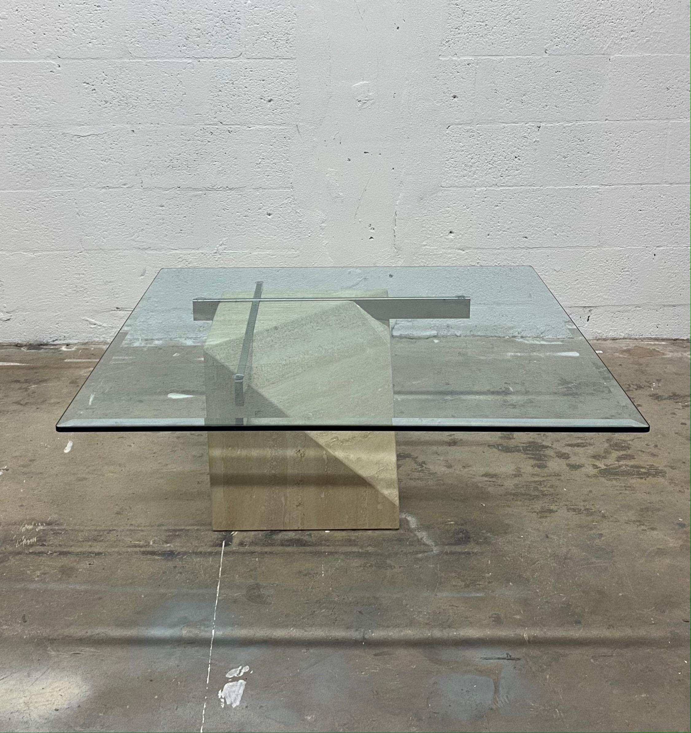 Cantilevered Square Glass Top Travertine and Chrome Coffee Table by Artedi 1