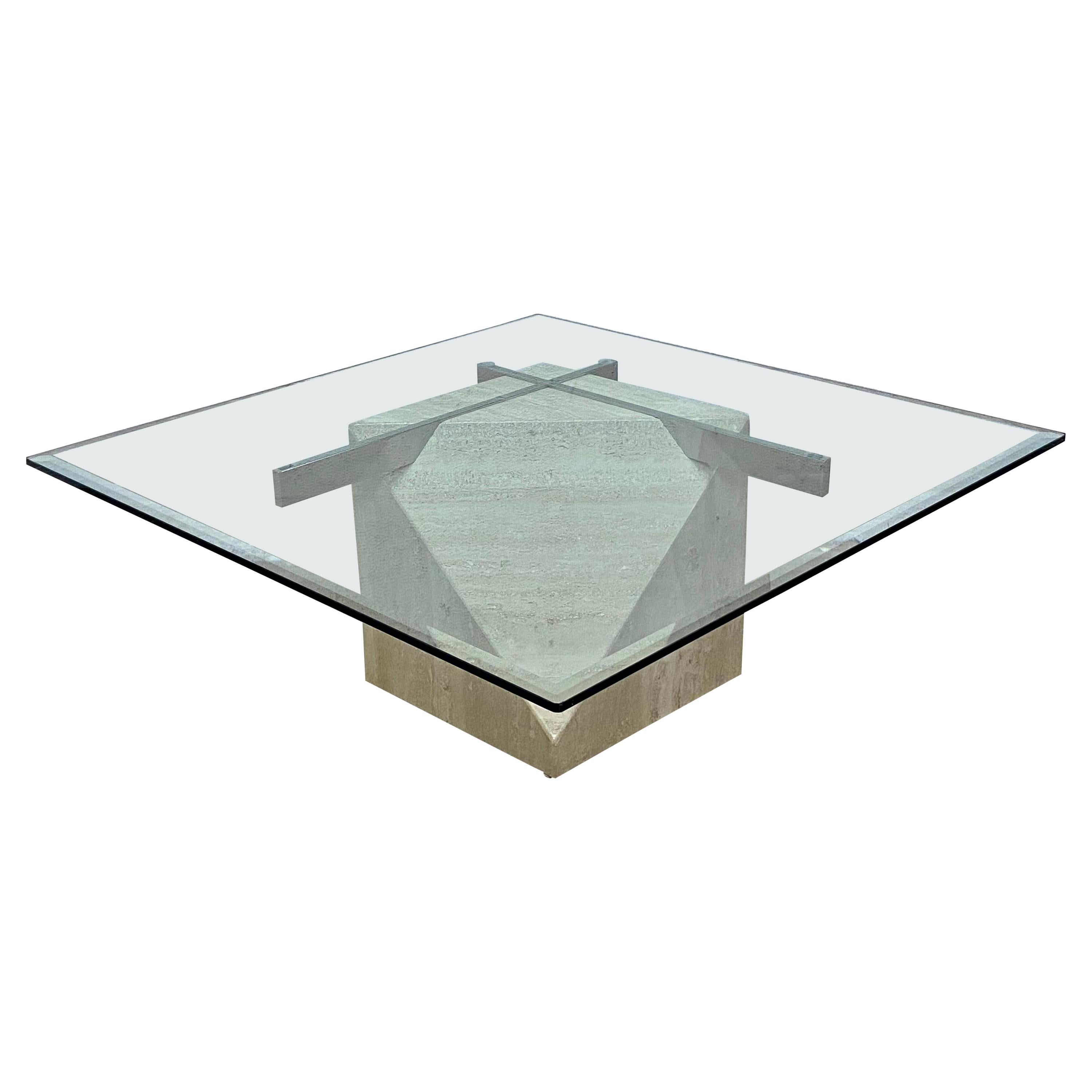 Cantilevered Square Glass Top Travertine and Chrome Coffee Table by Artedi