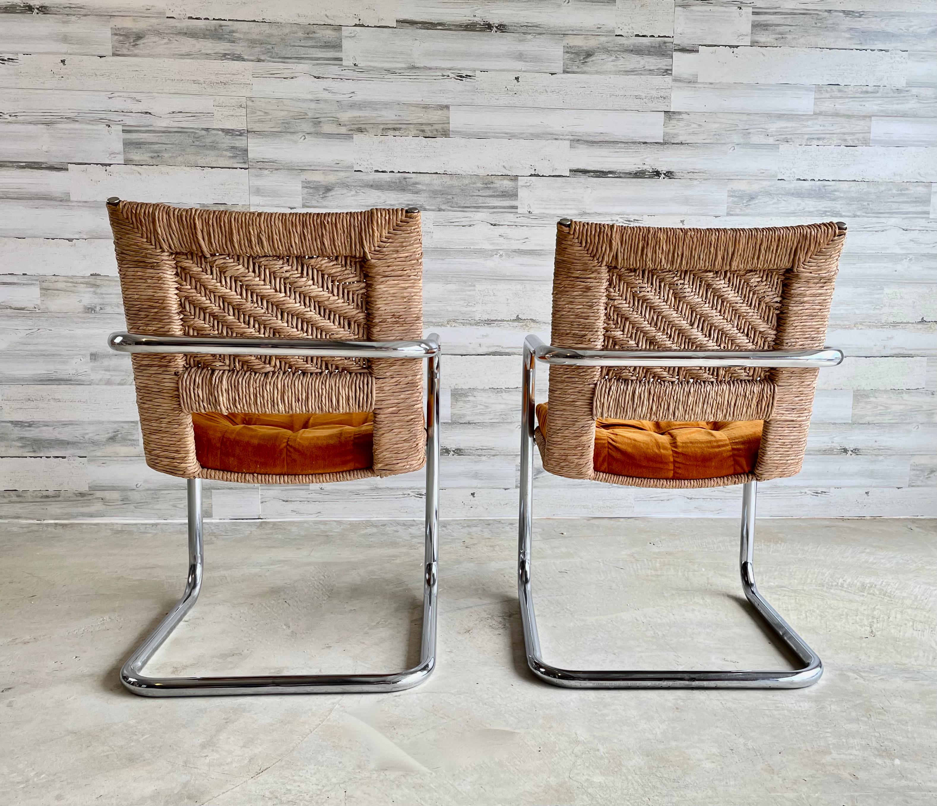 Cantilevered Tubular Chrome and Woven Rush Dining Chairs 1