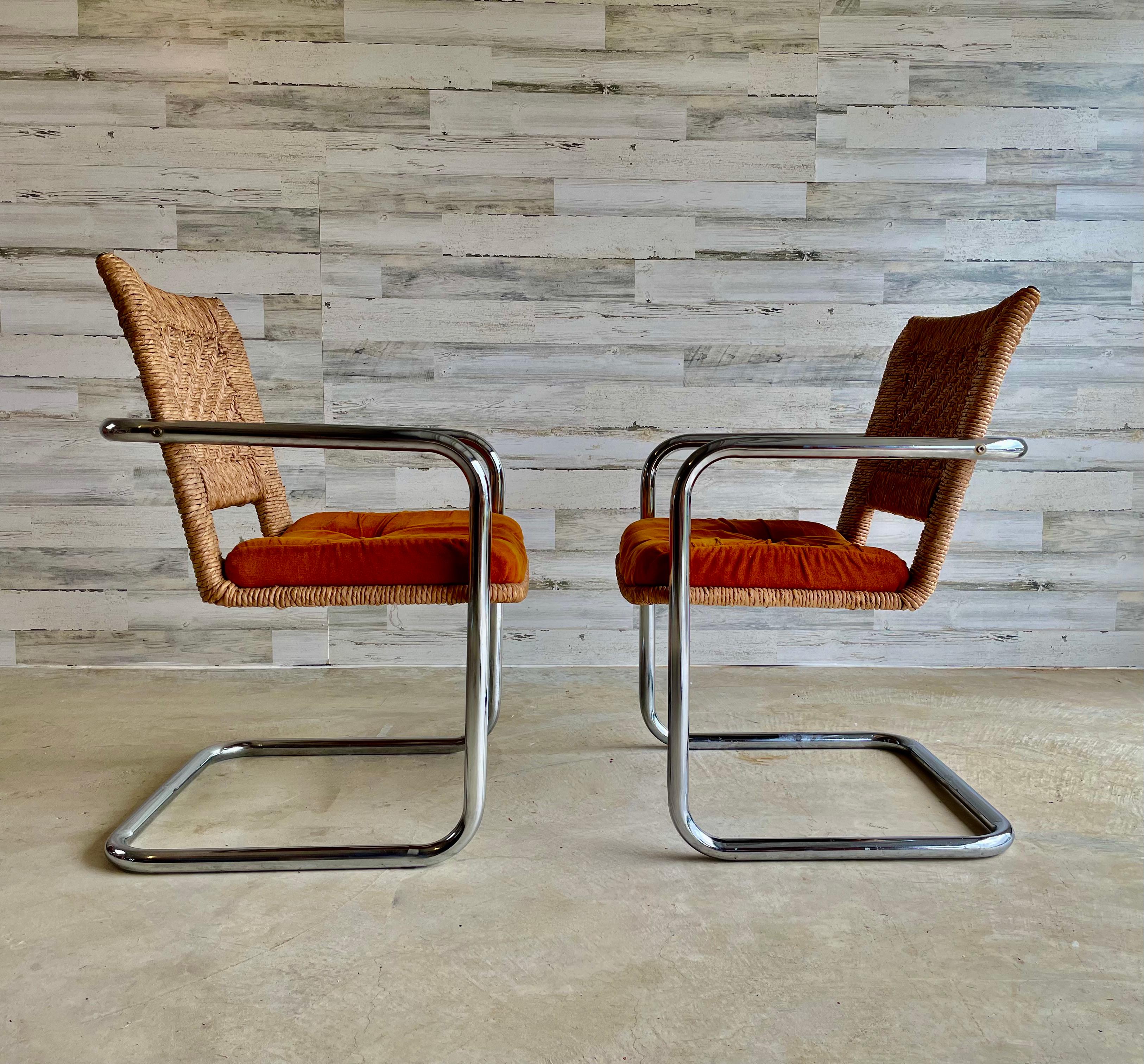 Cantilevered Tubular Chrome and Woven Rush Dining Chairs 2