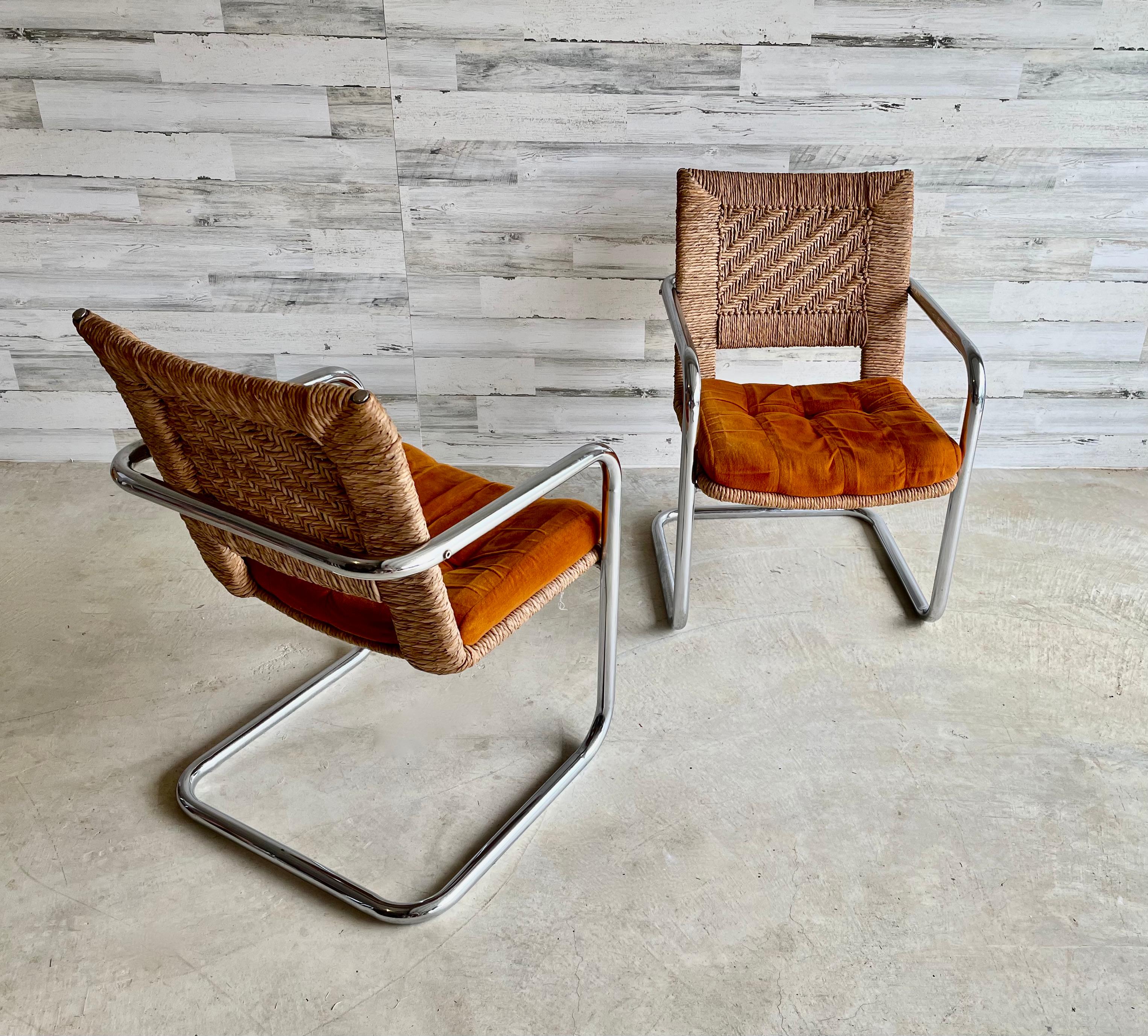 Cantilevered Tubular Chrome and Woven Rush Dining Chairs 3