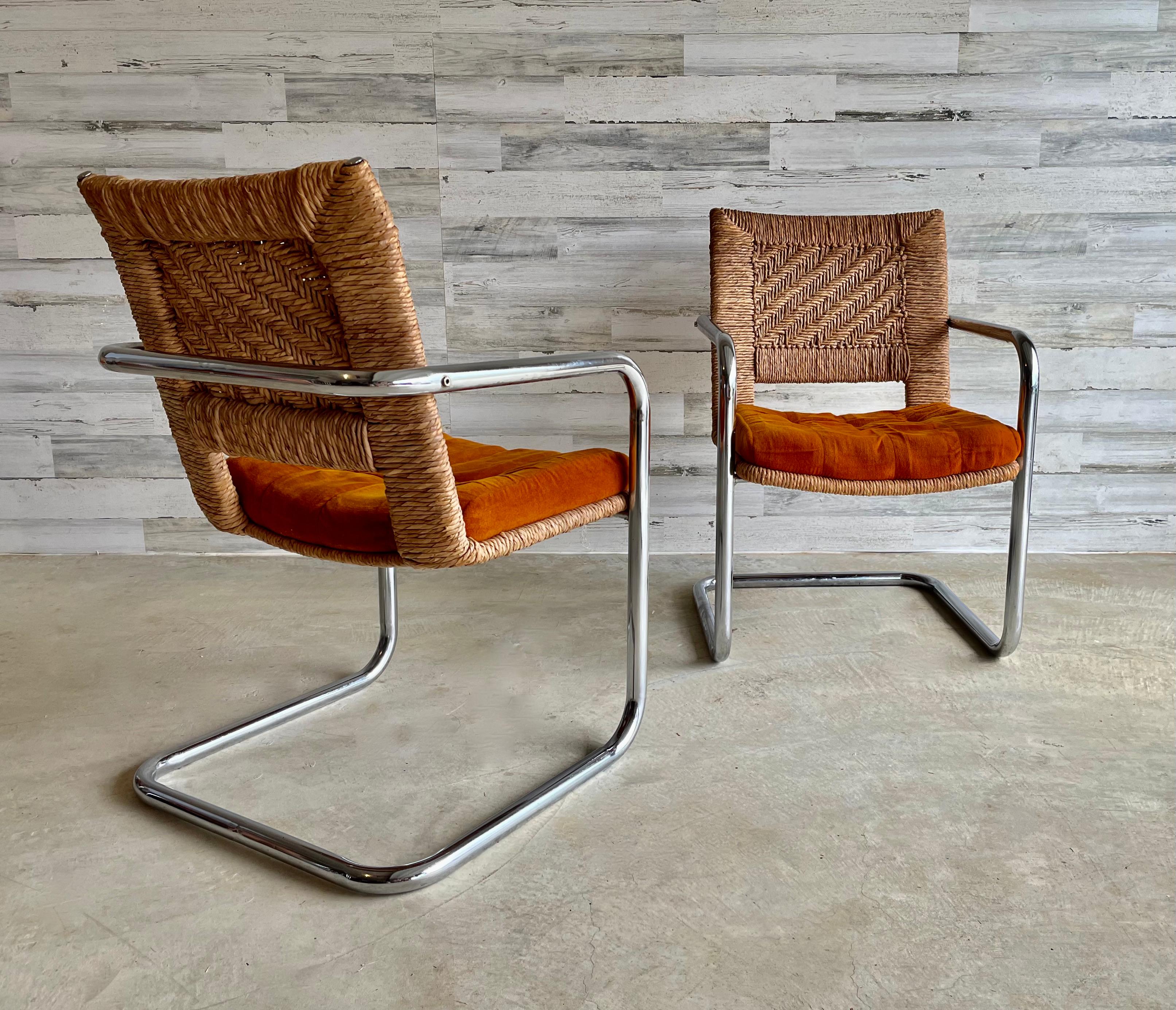 Cantilevered Tubular Chrome and Woven Rush Dining Chairs 4