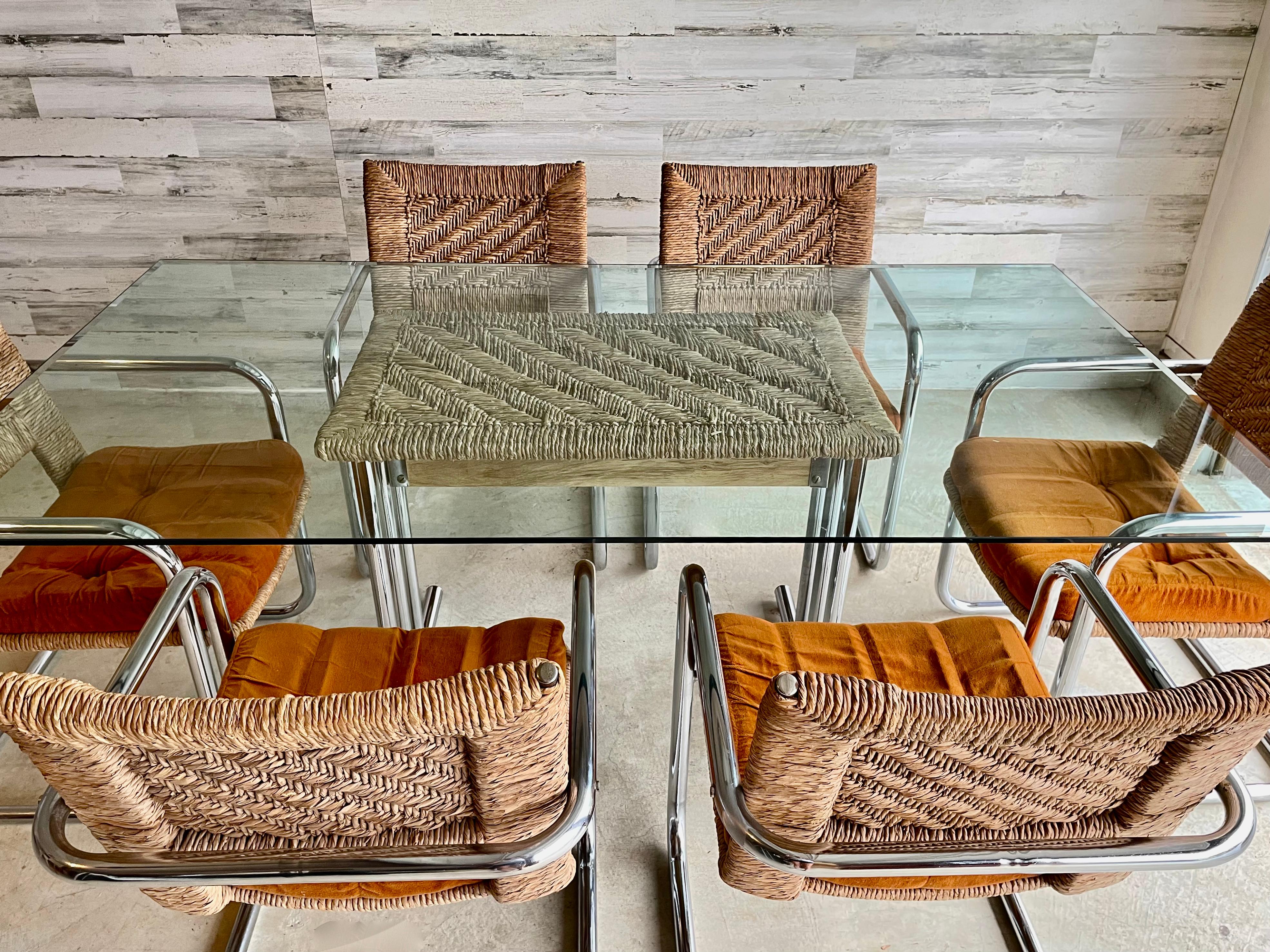 Cantilevered Tubular Chrome and Woven Rush Dining Chairs 6