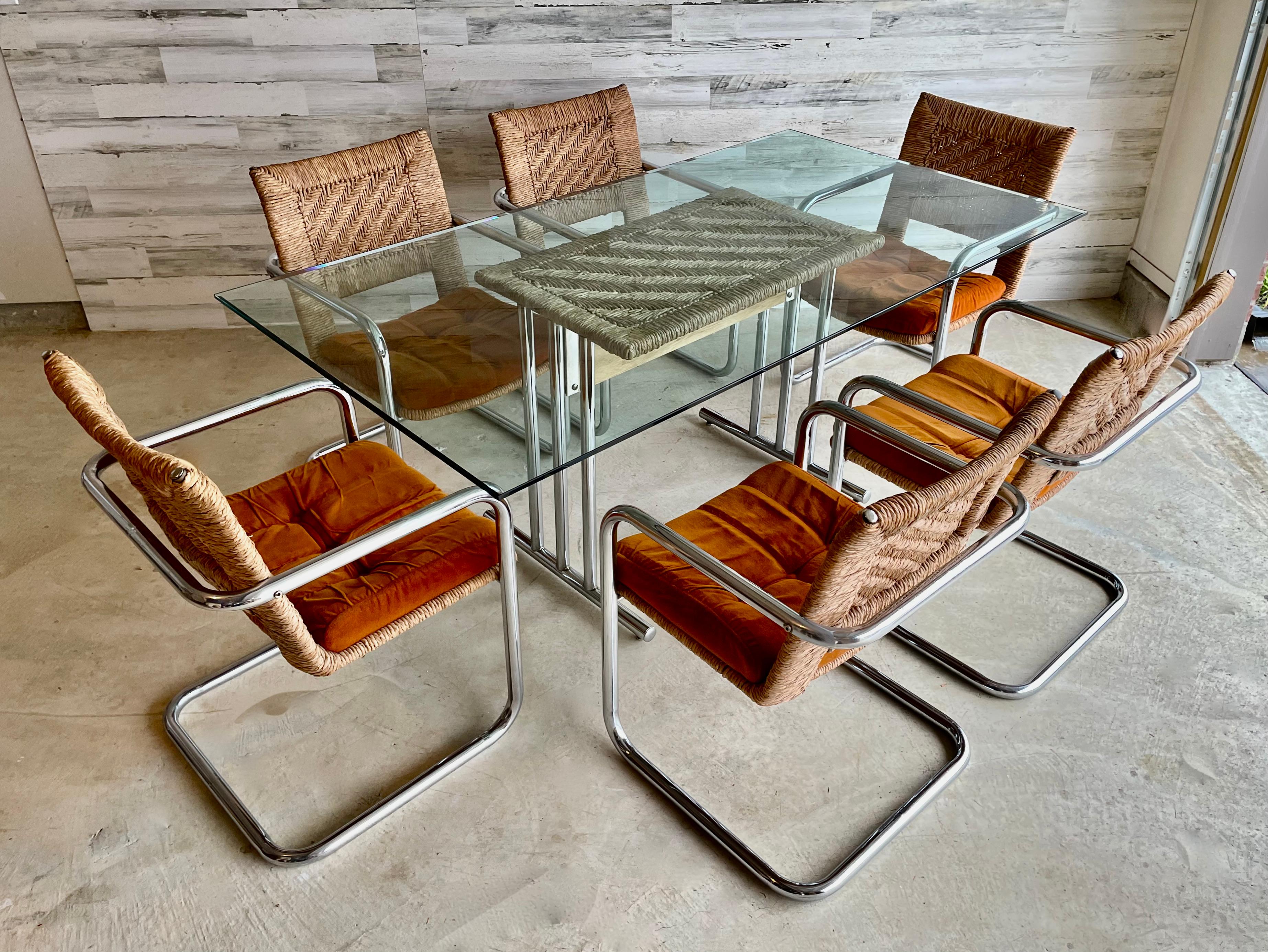 Cantilevered Tubular Chrome and Woven Rush Dining Chairs 7
