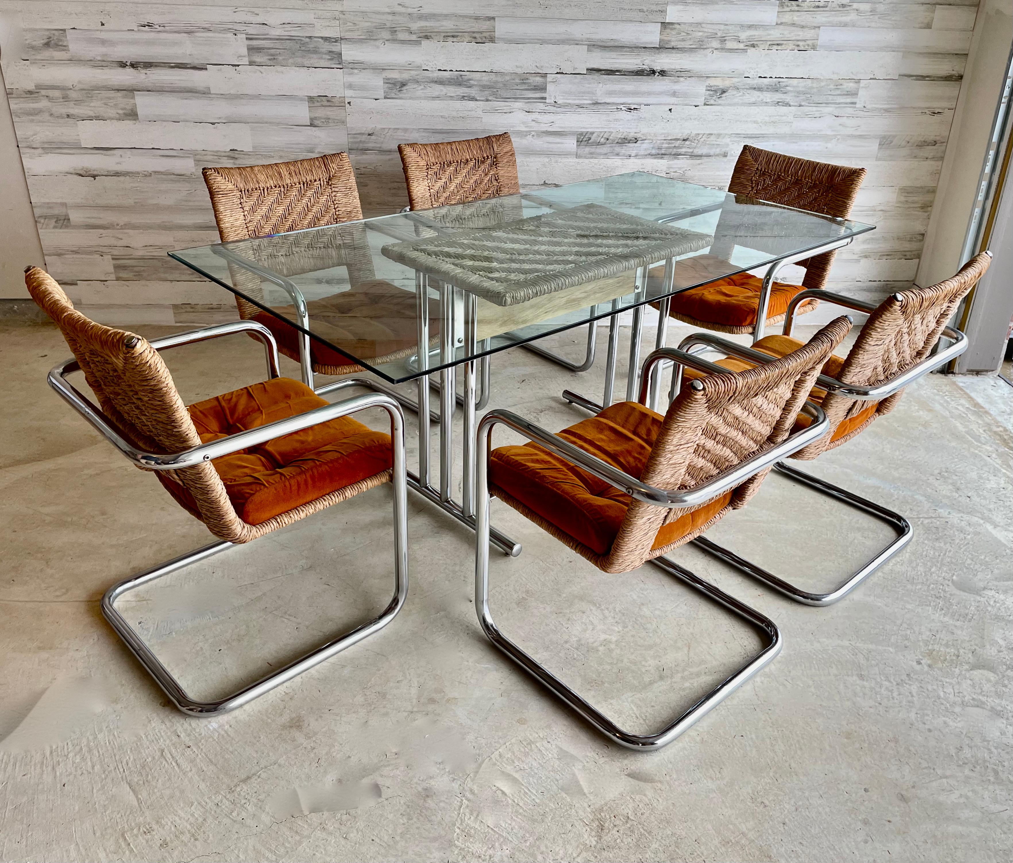 Cantilevered Tubular Chrome and Woven Rush Dining Chairs 8