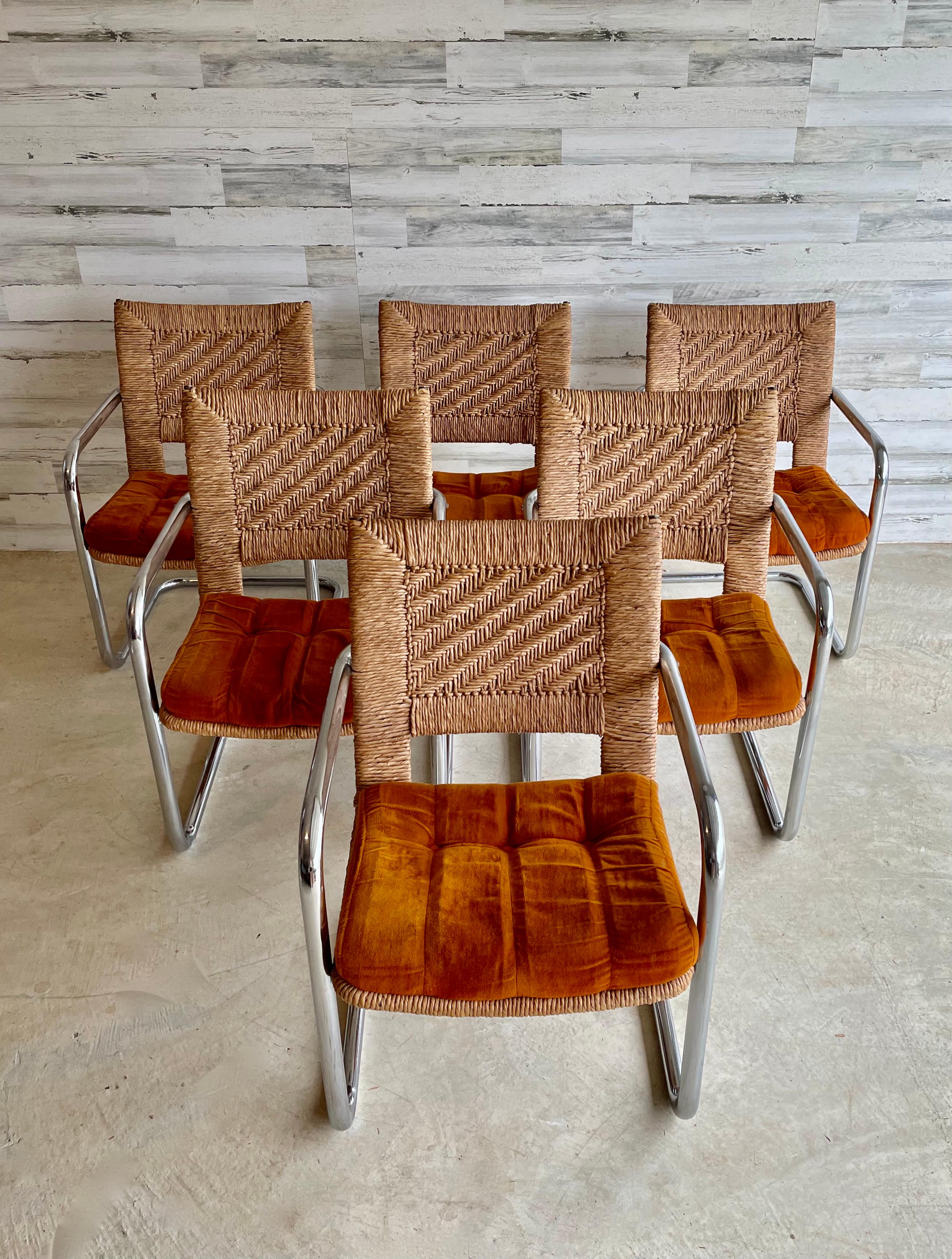 Mid-Century Modern Cantilevered Tubular Chrome and Woven Rush Dining Chairs