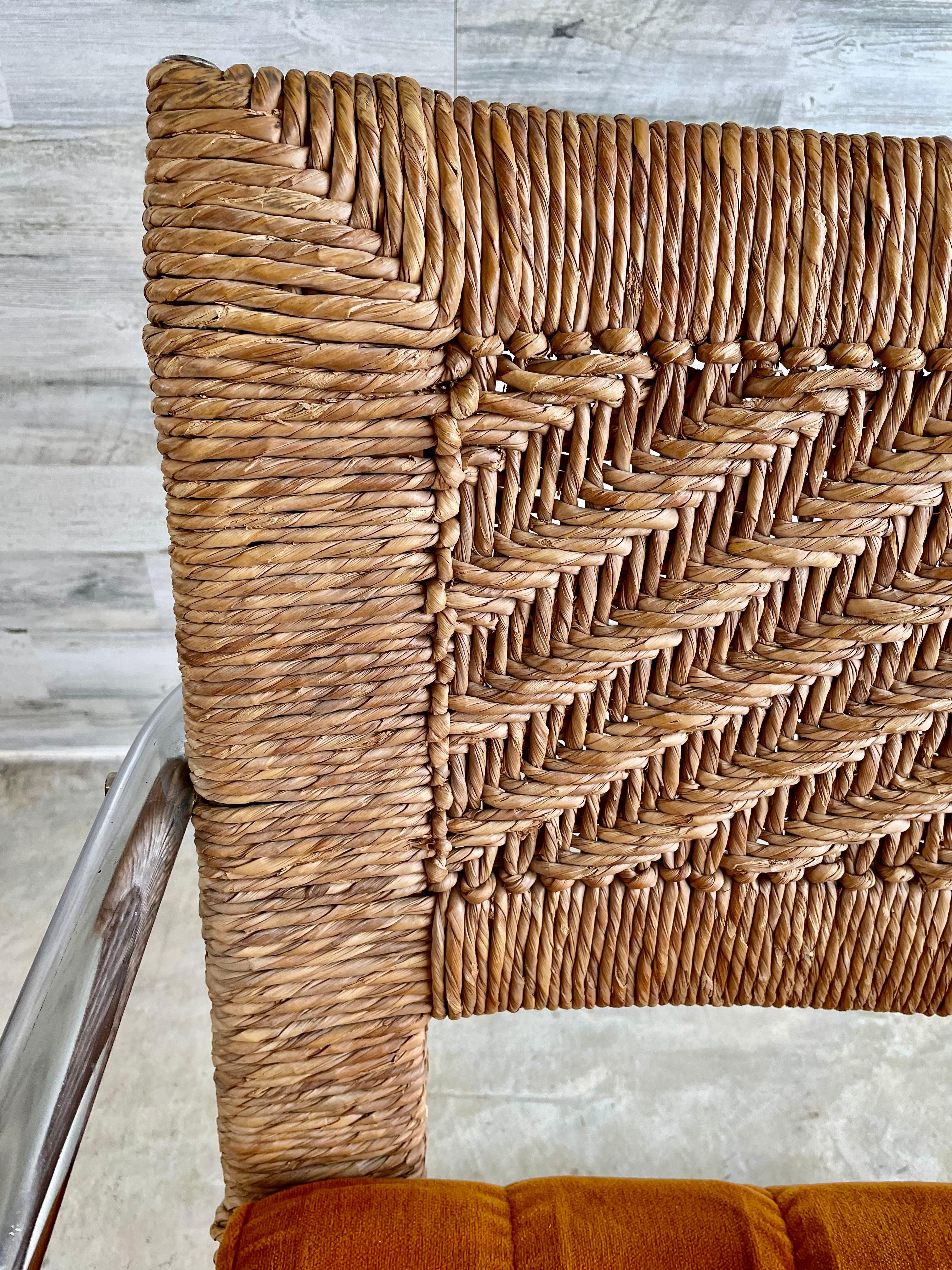 Cantilevered Tubular Chrome and Woven Rush Dining Chairs In Good Condition In Denton, TX