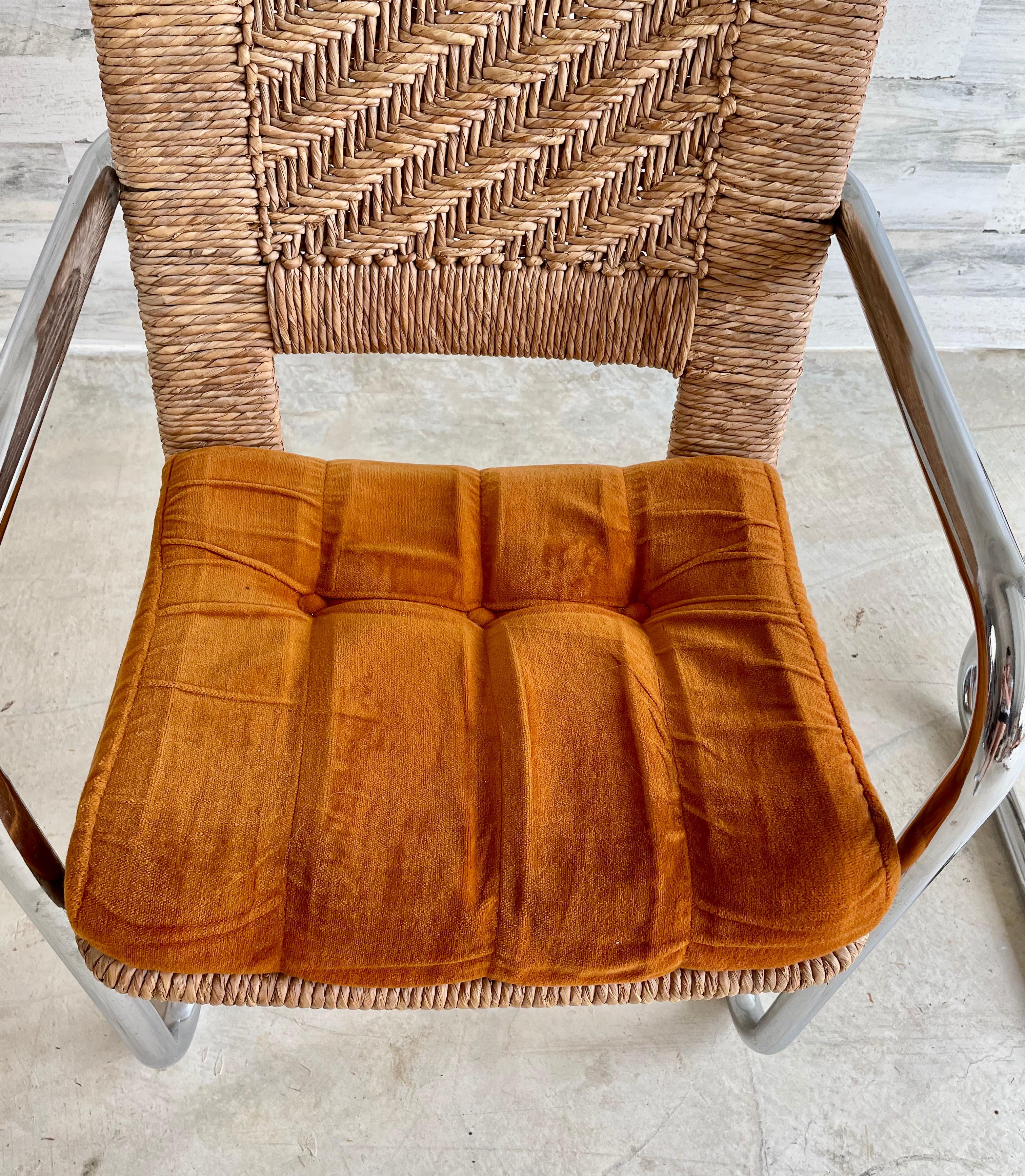 20th Century Cantilevered Tubular Chrome and Woven Rush Dining Chairs