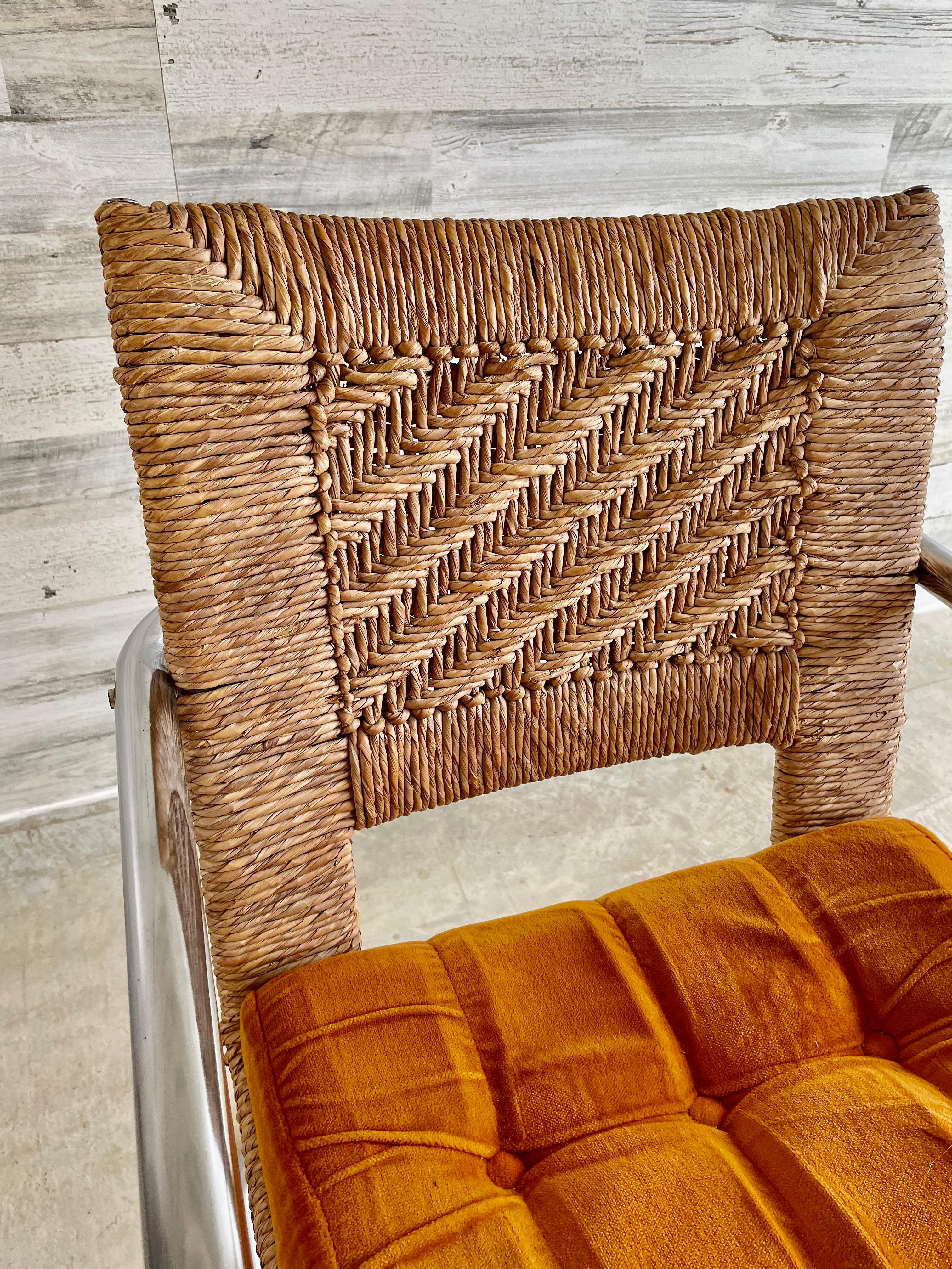 Upholstery Cantilevered Tubular Chrome and Woven Rush Dining Chairs