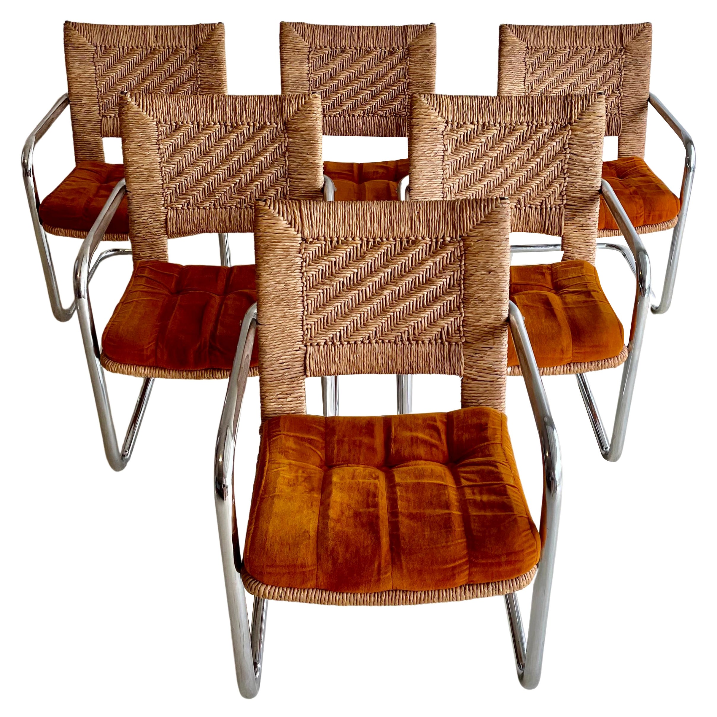 Cantilevered Tubular Chrome and Woven Rush Dining Chairs
