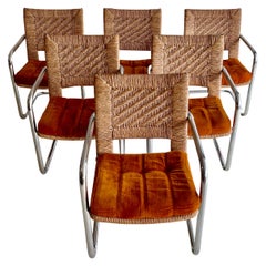 Chaises à manger en porte-à-faux en chrome tubulaire et jonc tissé