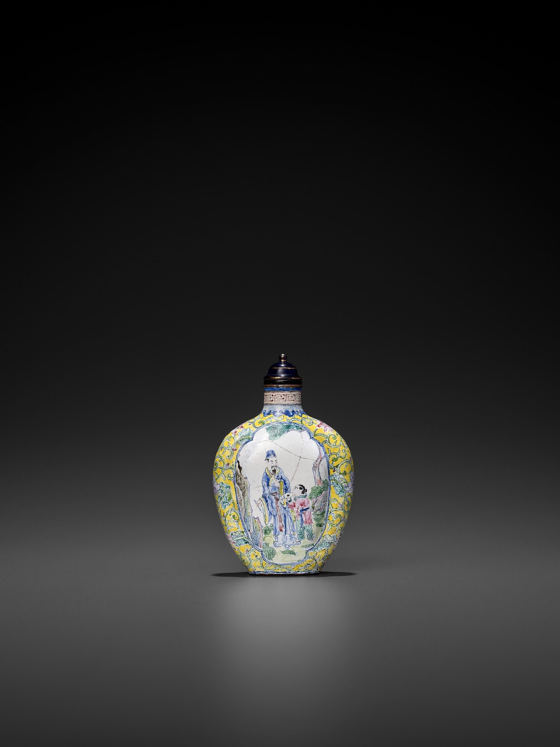 Canton enamel snuff bottle, China, Qing Dynasty, 1644-1912

Four-character seal mark Qianlong nian zhi to base. Each side with a lobed reserve featuring a neatly painted image of a scholar and boy, surrounded by a yellow ground showing floral