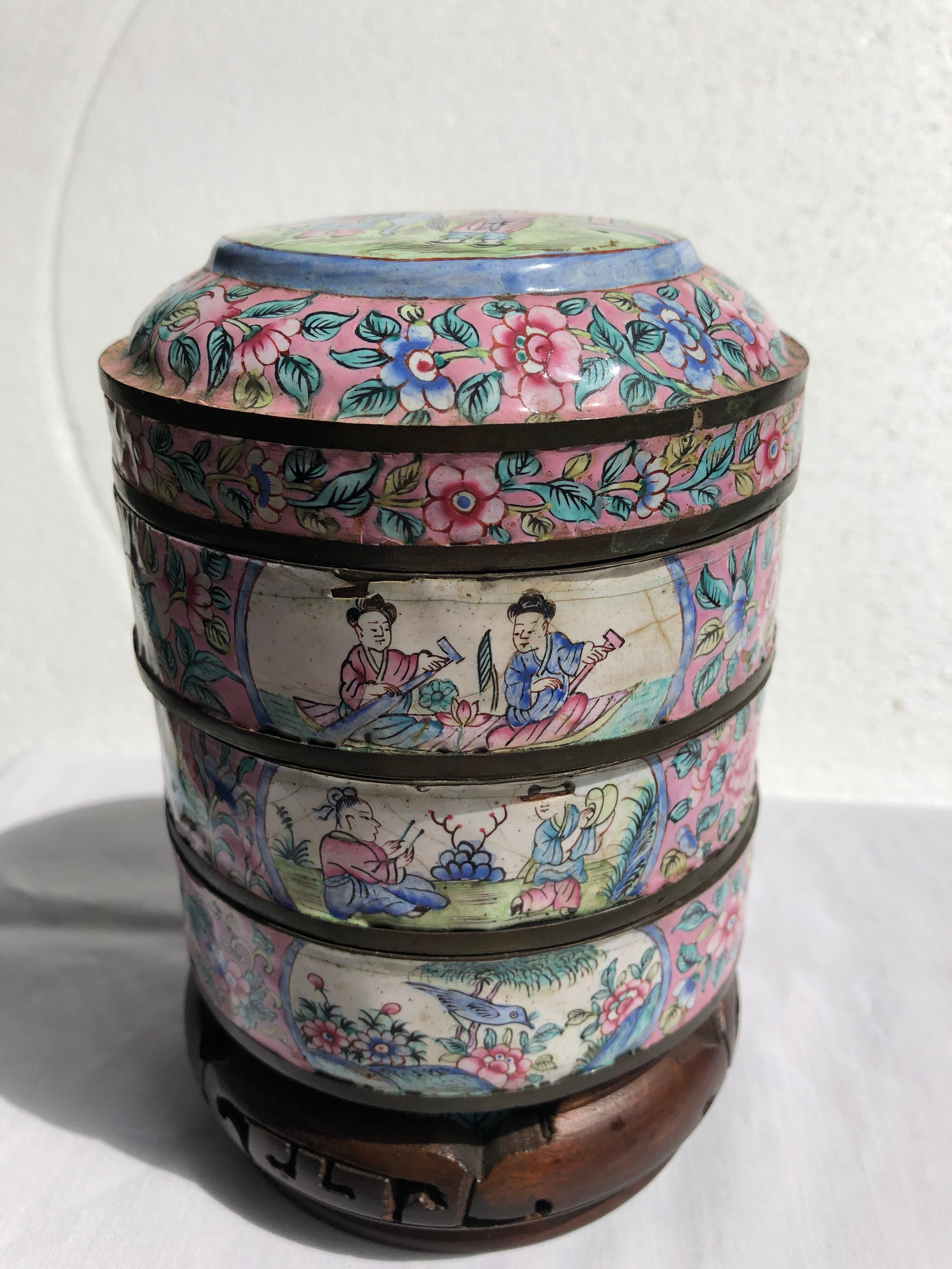 Chinese Export Canton Enamel Three-Part Jar on Stand For Sale