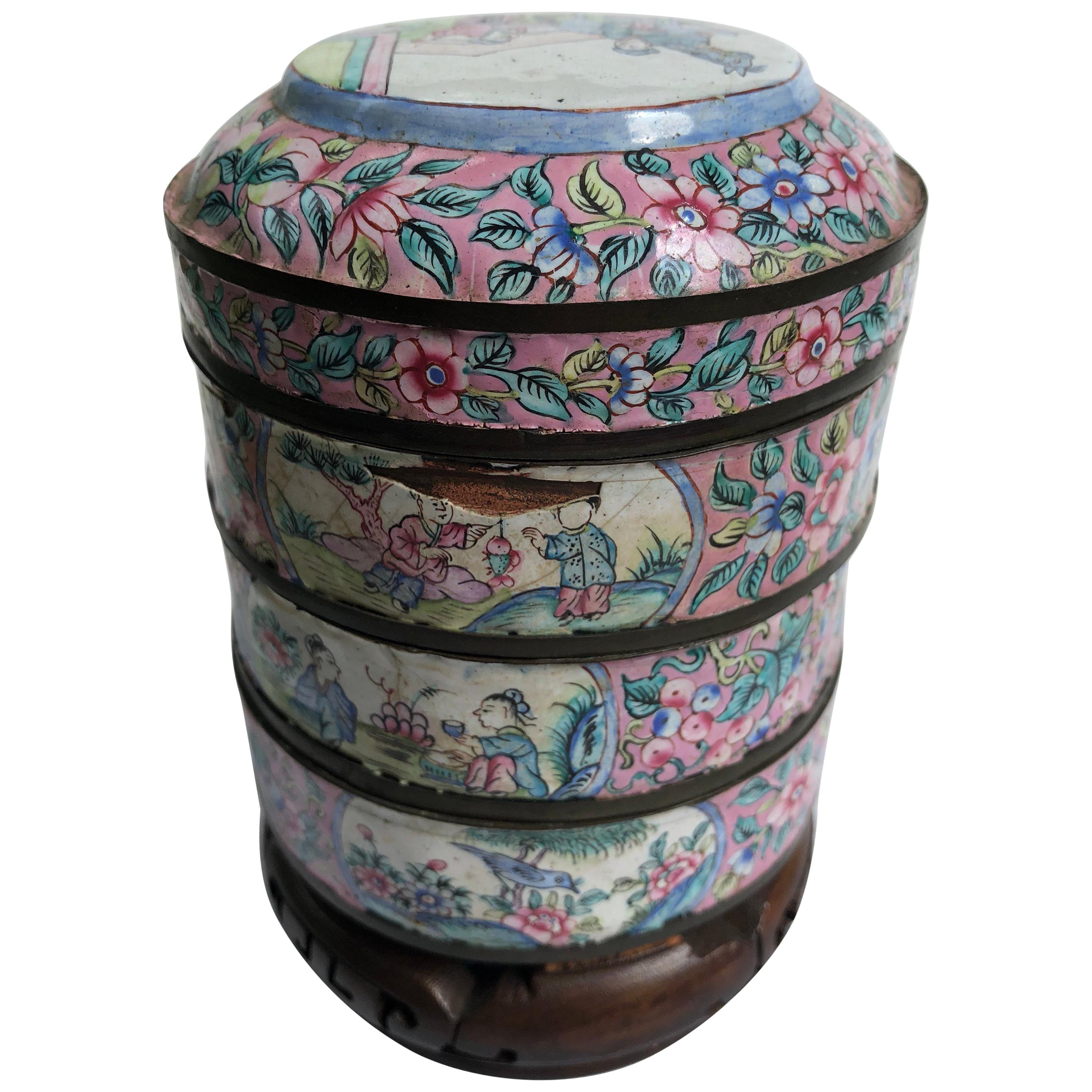 Canton Enamel Three-Part Jar on Stand For Sale
