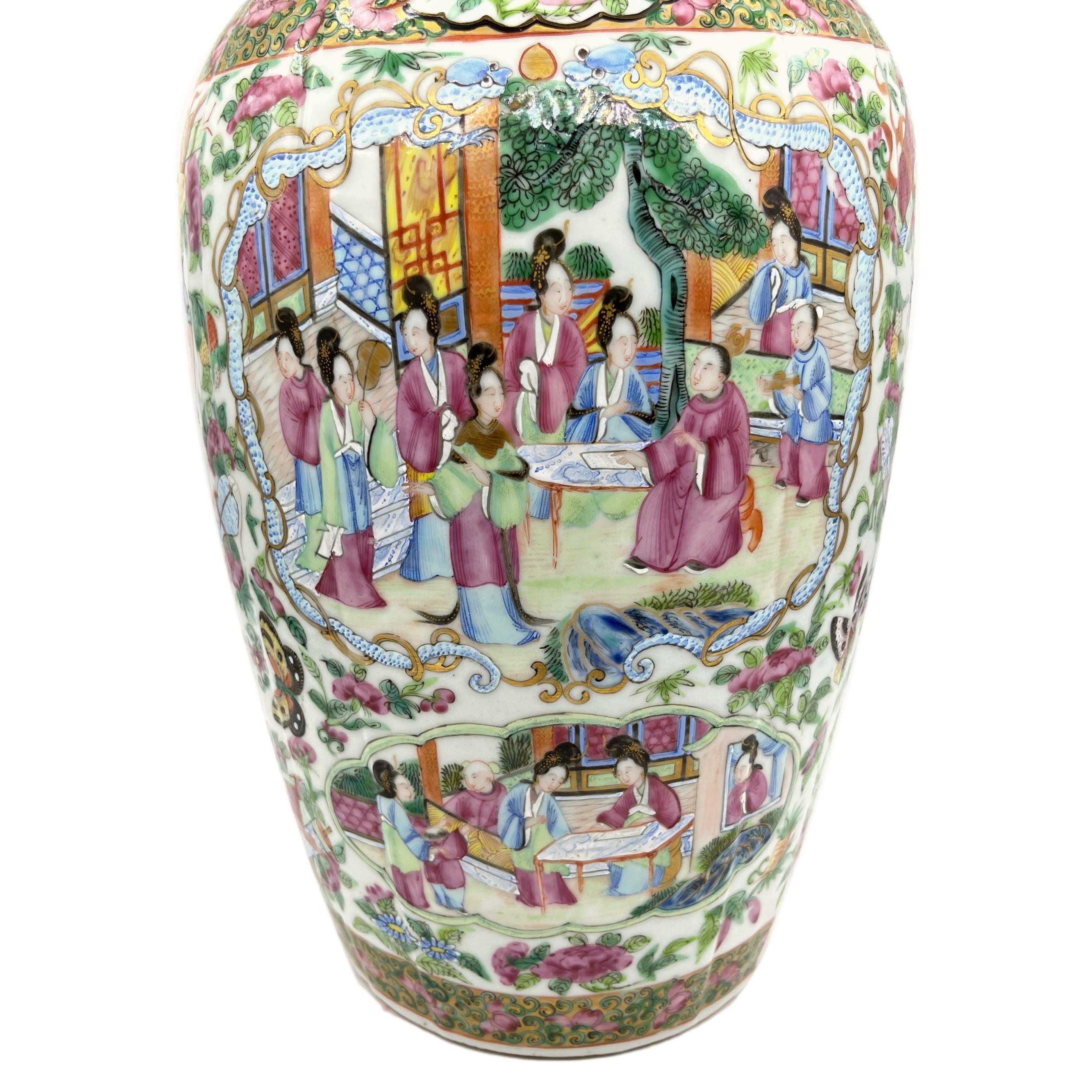 Canton Famille Rose Mandarin Vase, Fluted Body and Castellated Top, Ca. 1840 For Sale 3