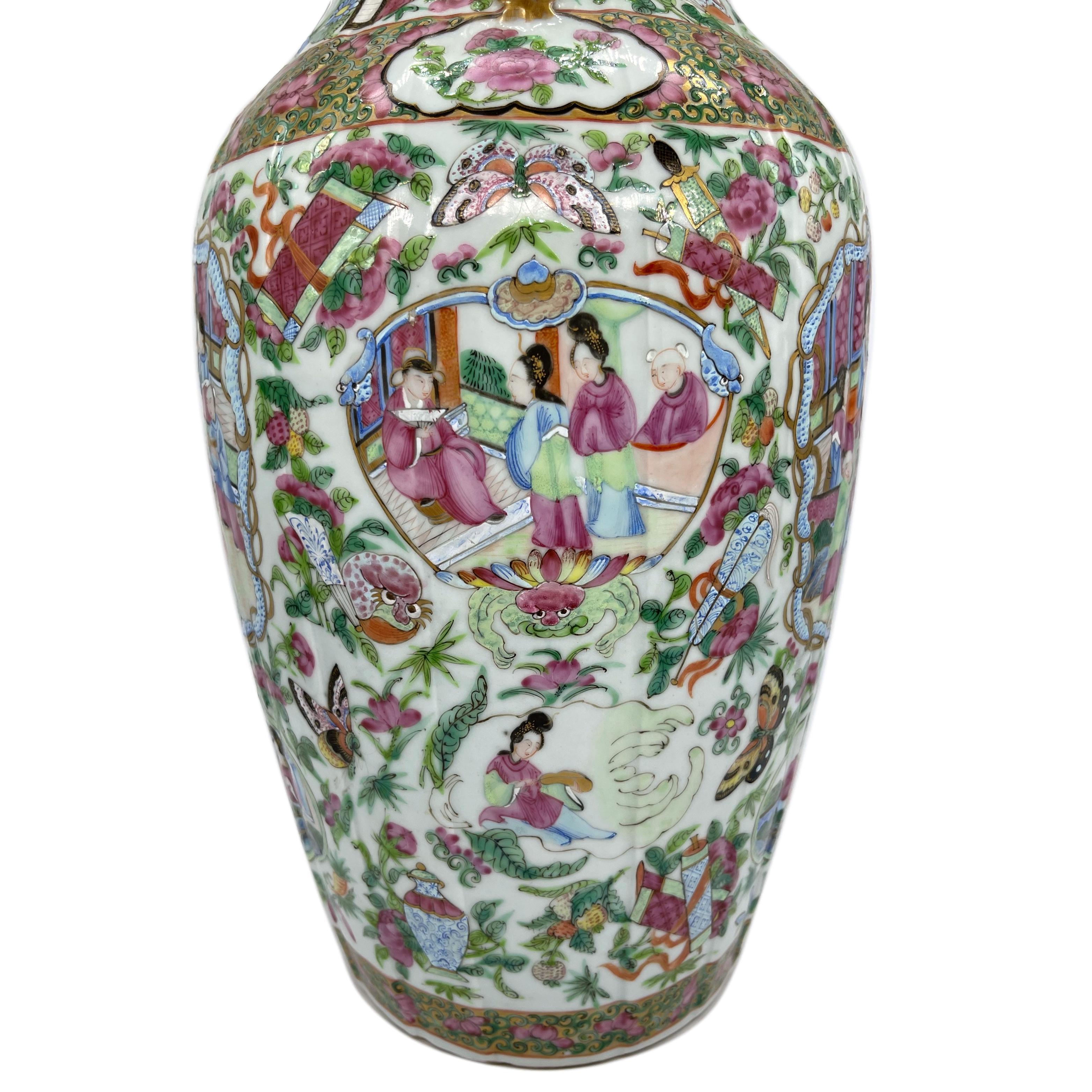 Canton Famille Rose Mandarin Vase, Fluted Body and Castellated Top, Ca. 1840 For Sale 4