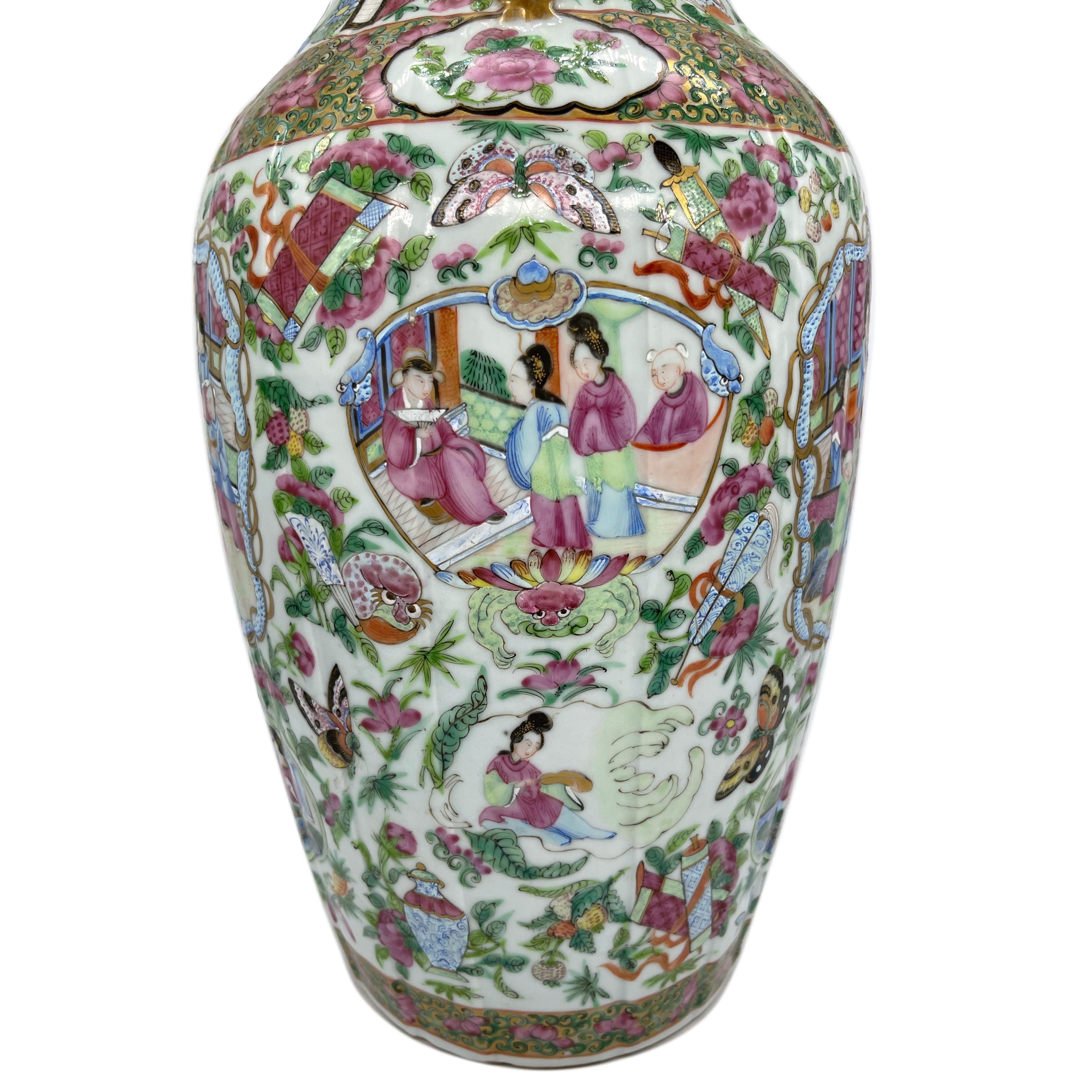Canton Famille Rose Mandarin Vase, Fluted Body and Castellated Top, Ca. 1840 4