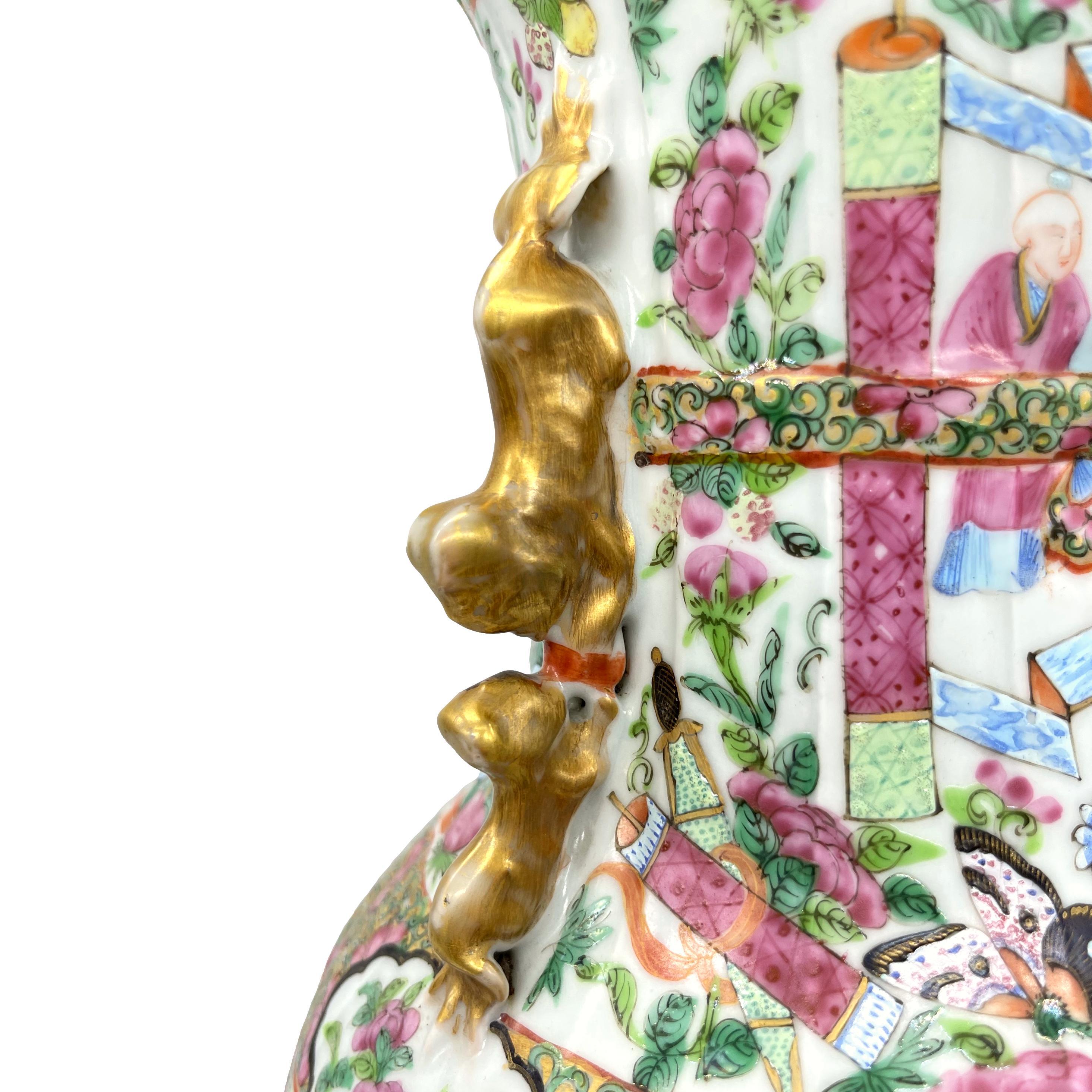 Canton Famille Rose Mandarin Vase, Fluted Body and Castellated Top, Ca. 1840 For Sale 8