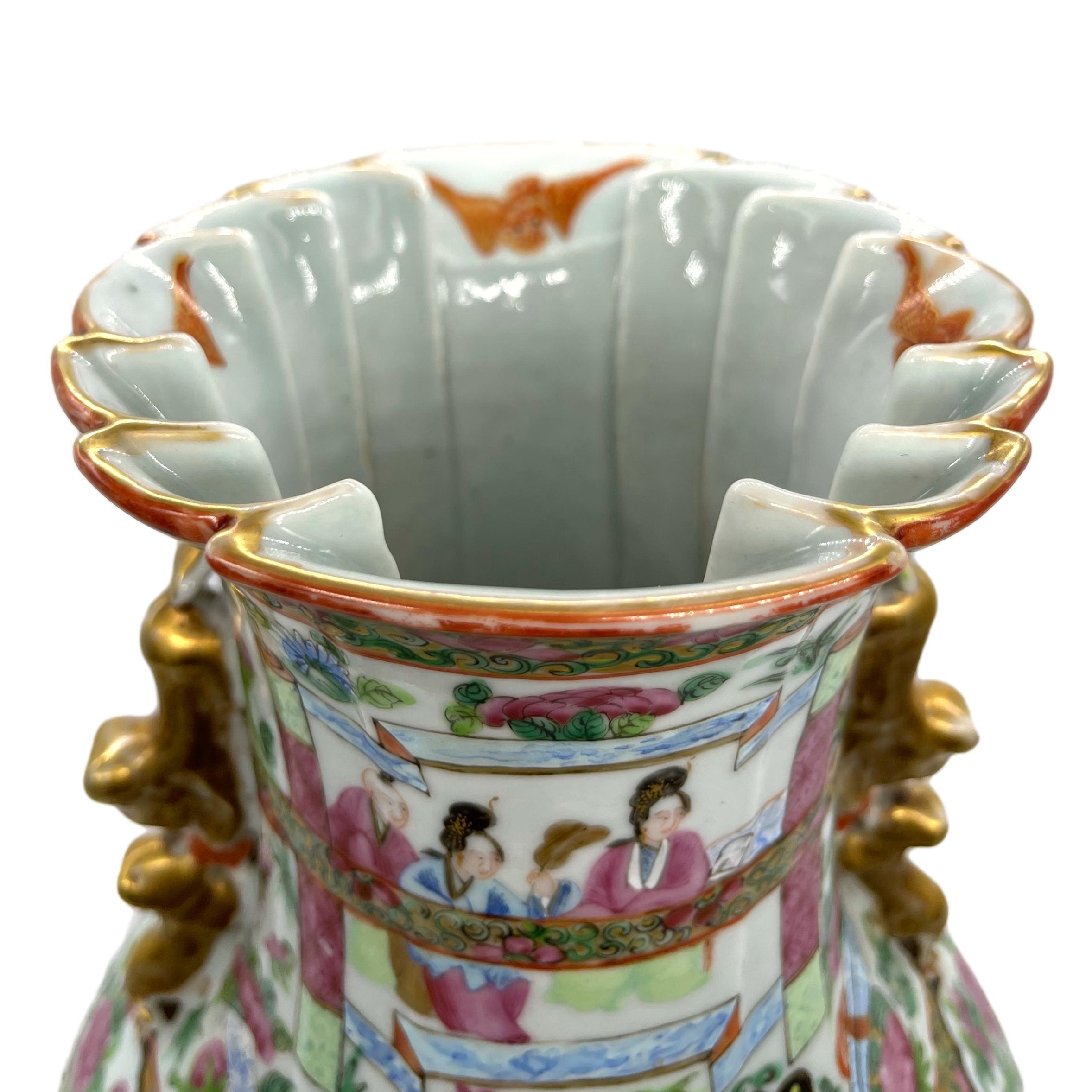 Canton Famille Rose Mandarin Vase, Fluted Body and Castellated Top, Ca. 1840 For Sale 9