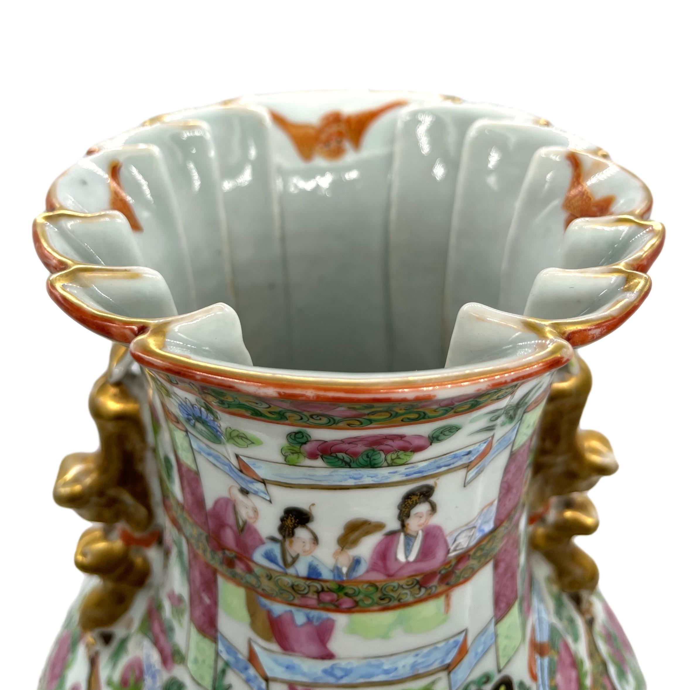 Canton Famille Rose Mandarin Vase, Fluted Body and Castellated Top, Ca. 1840 9