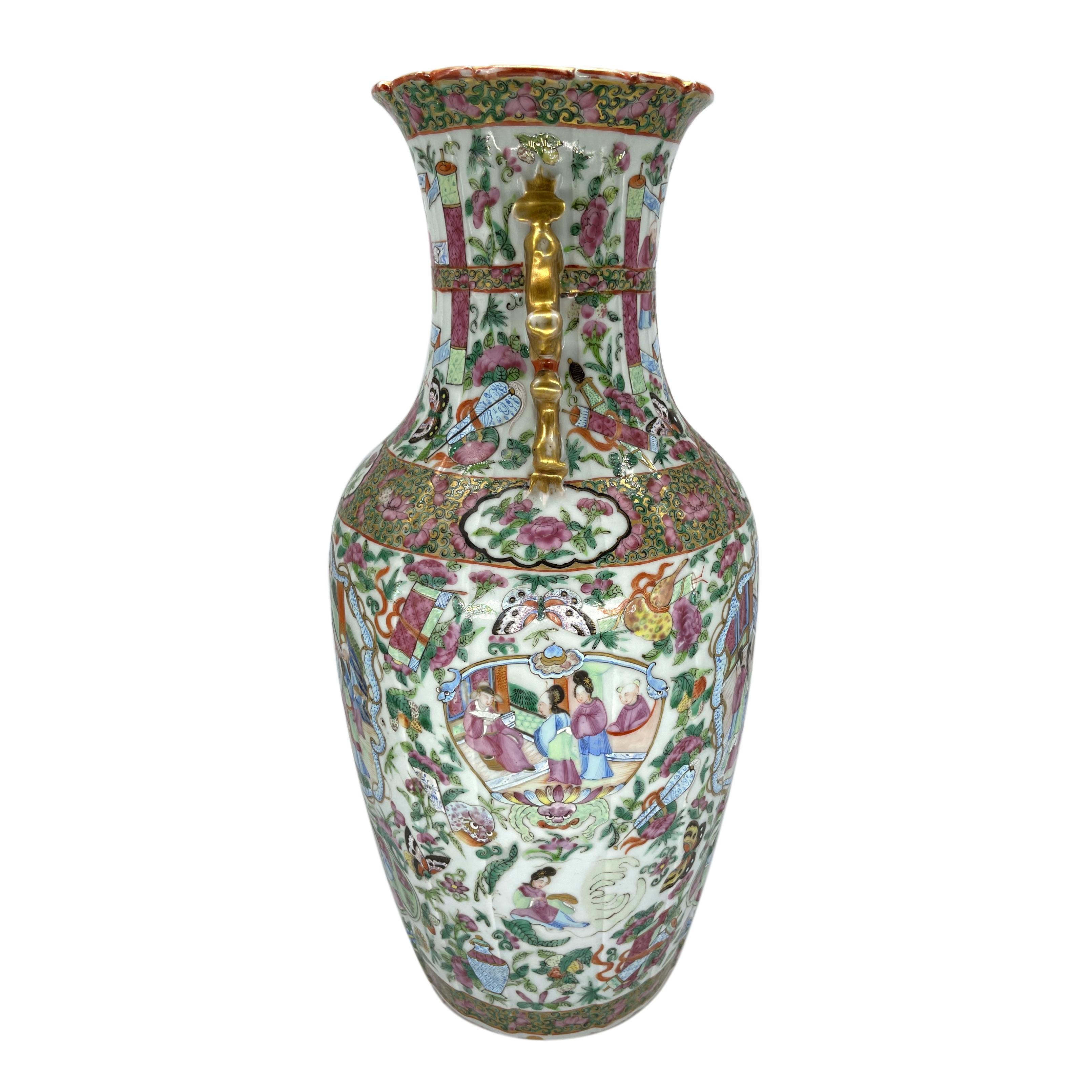 Chinese Export Canton Famille Rose Mandarin Vase, Fluted Body and Castellated Top, Ca. 1840 For Sale