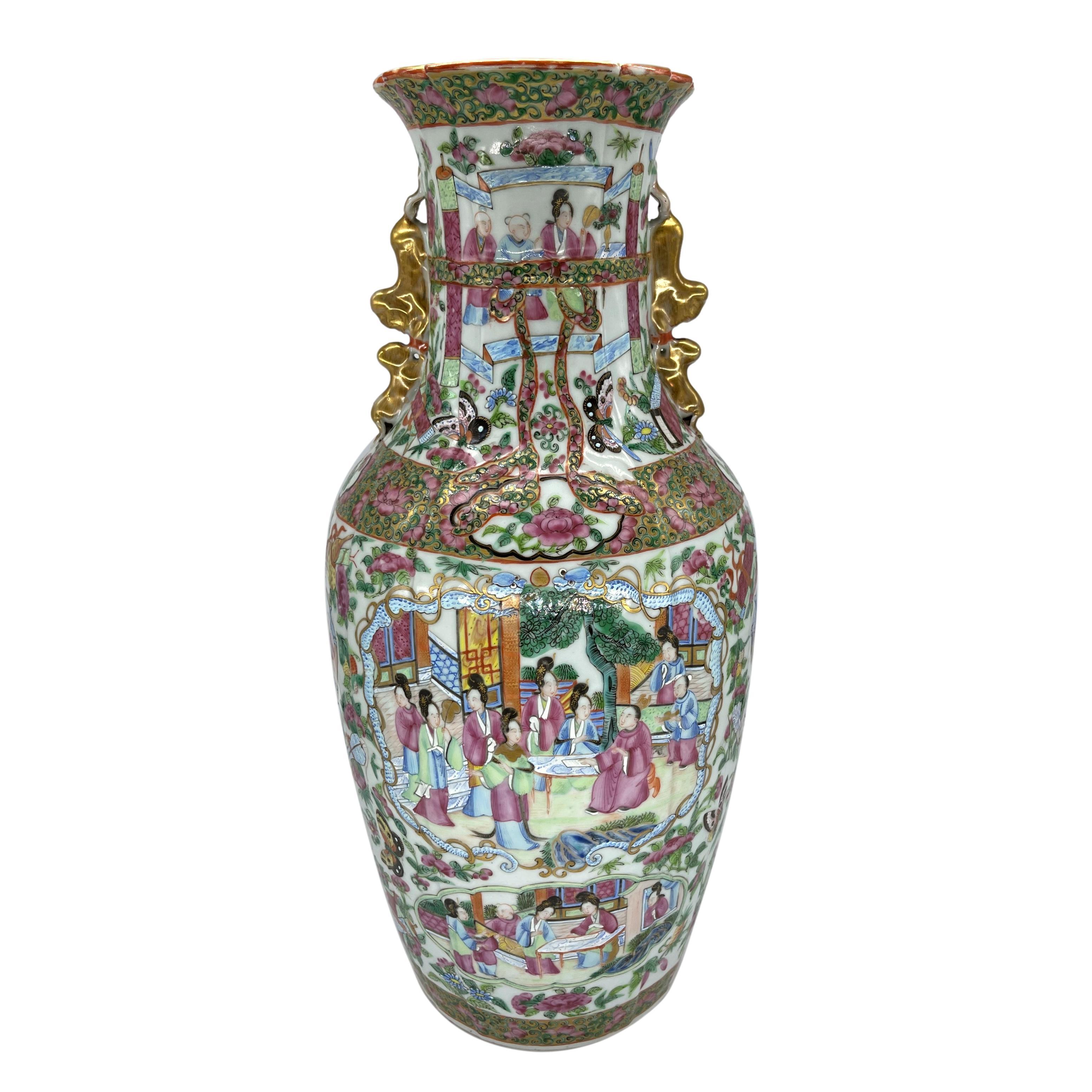 Chinese Canton Famille Rose Mandarin Vase, Fluted Body and Castellated Top, Ca. 1840 For Sale