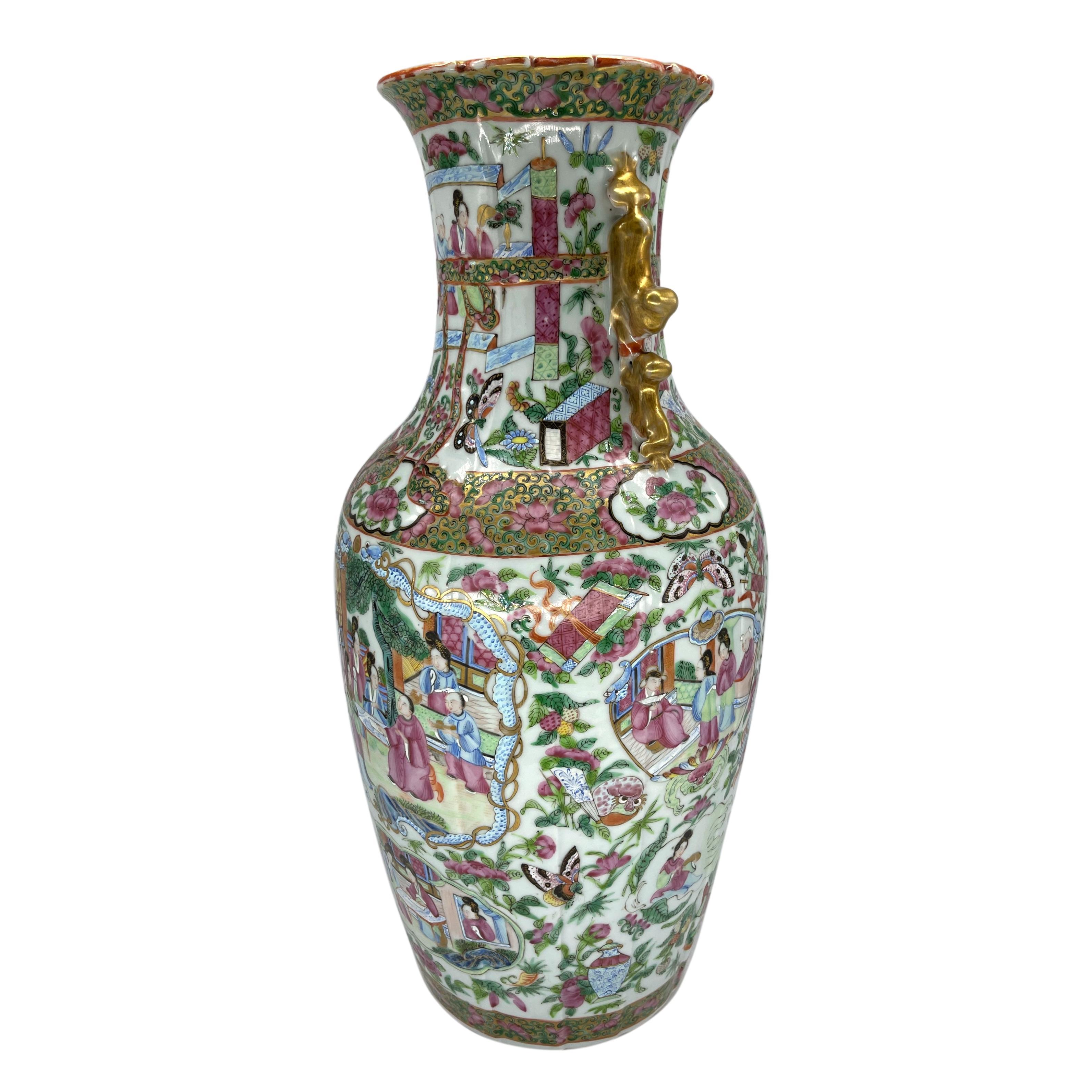 Gilt Canton Famille Rose Mandarin Vase, Fluted Body and Castellated Top, Ca. 1840 For Sale